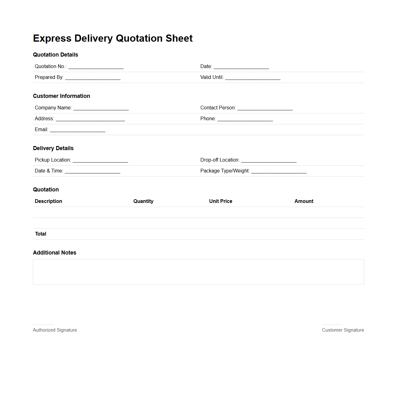 Express Delivery Quotation Sheet