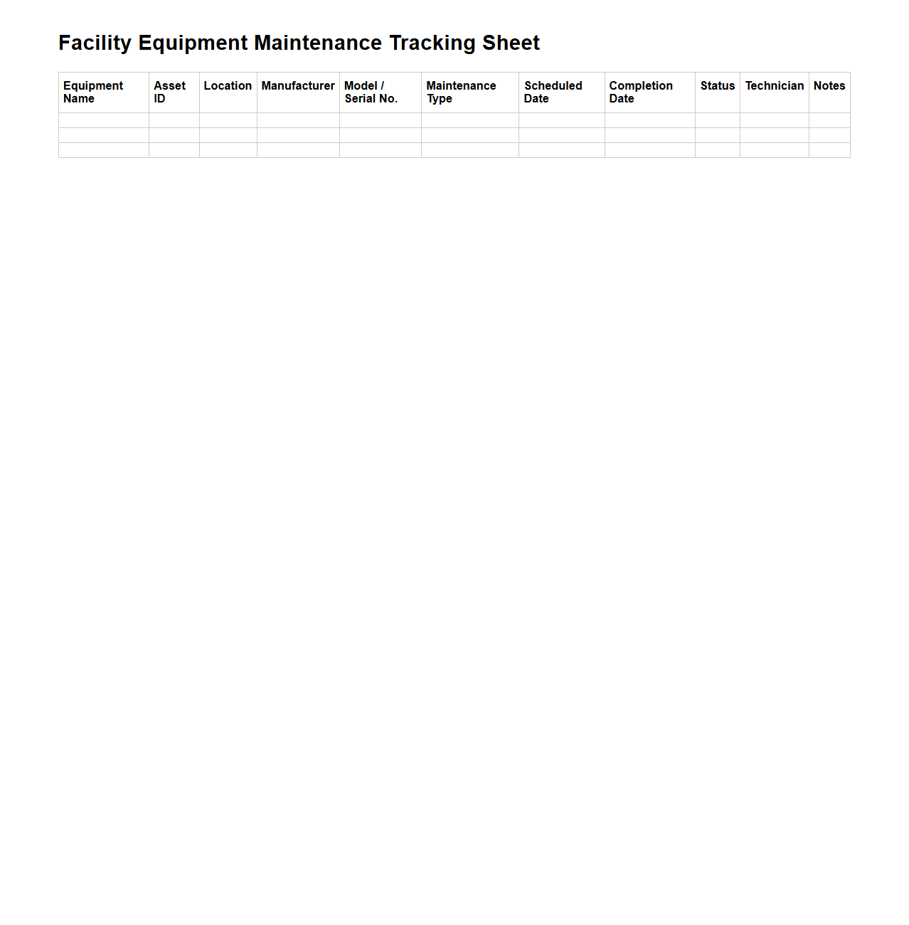 Facility Equipment Maintenance Tracking Sheet