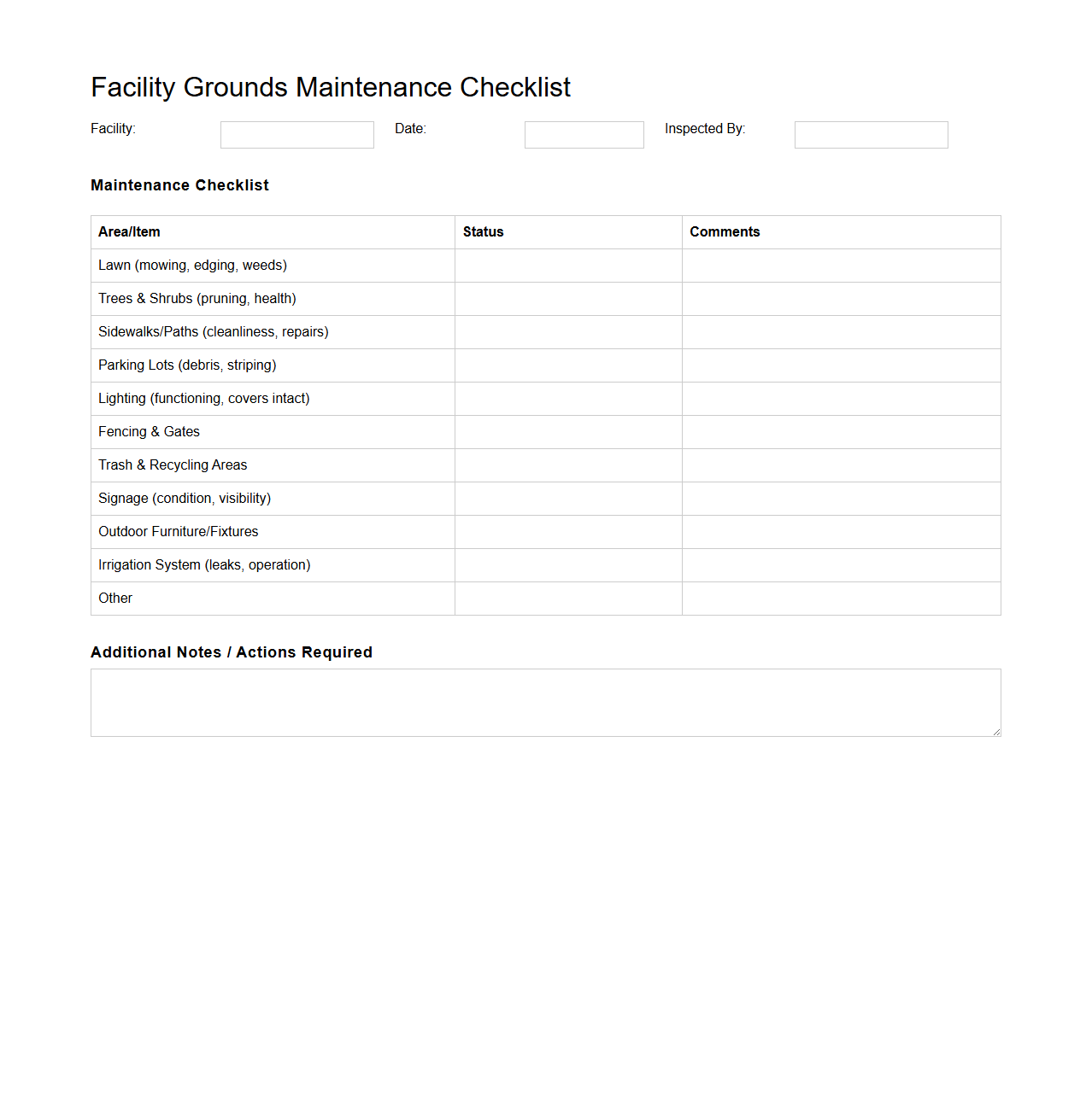 Facility Grounds Maintenance Checklist Template