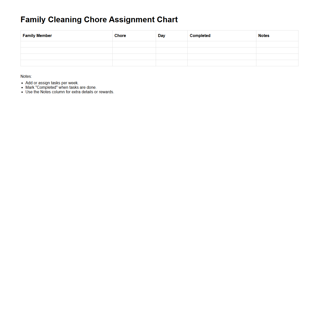 Family Cleaning Chore Assignment Chart