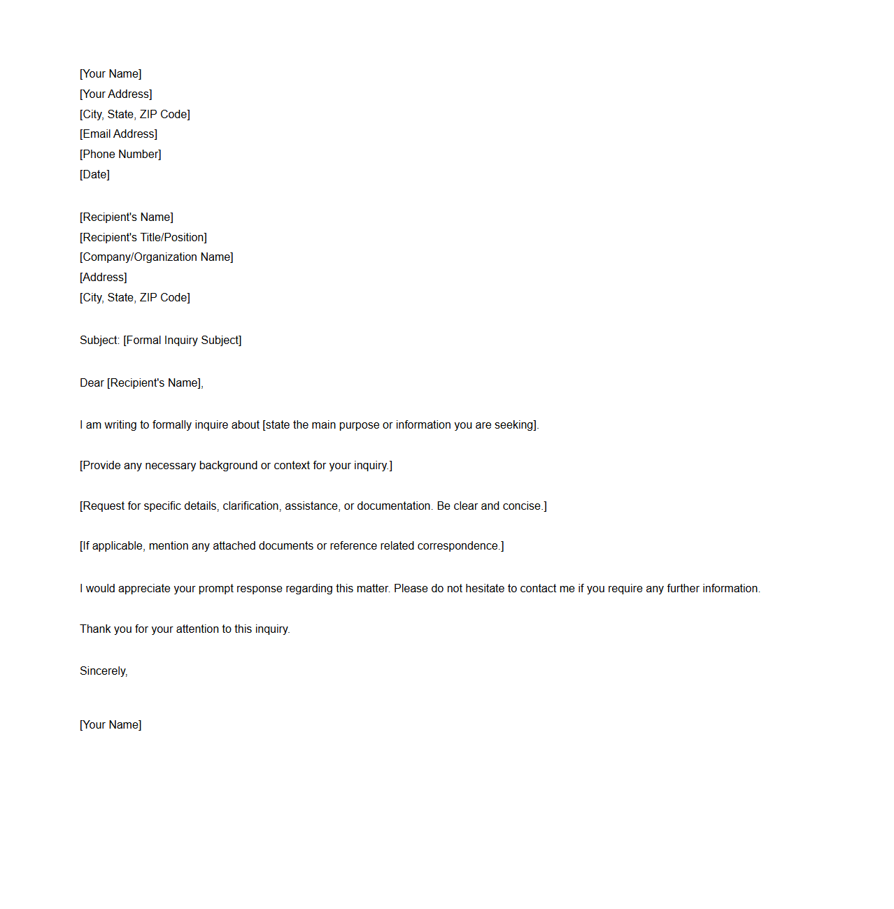 Formal Inquiry Letter Template
