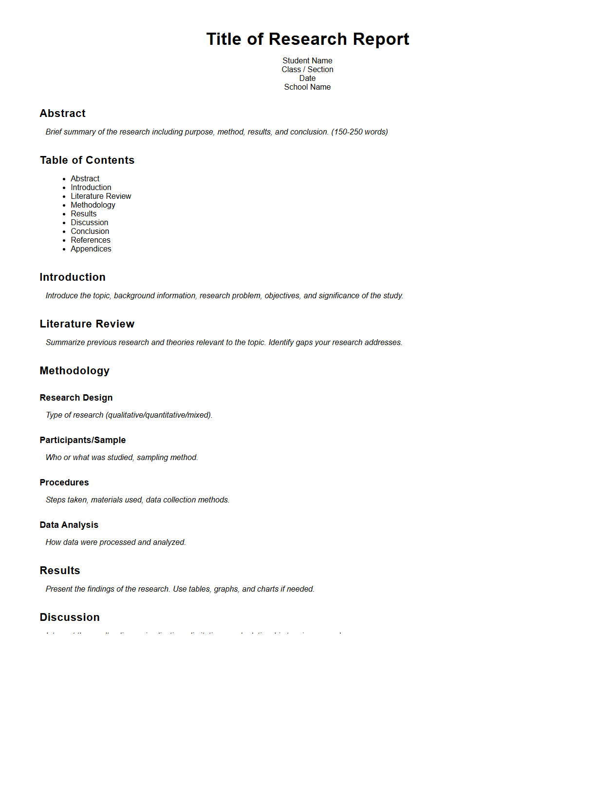 Formal Research Report Skeleton for School