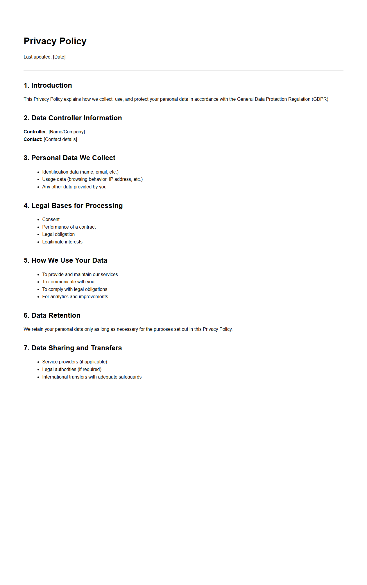 GDPR-Compliant Privacy Policy Draft Structure