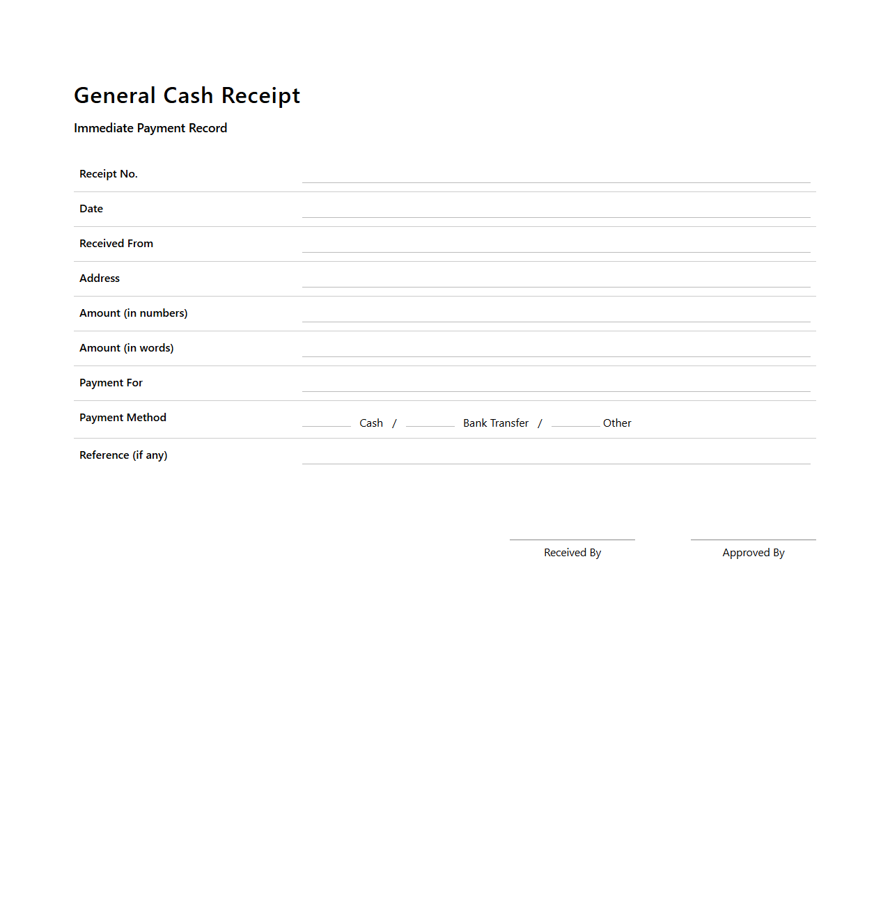 General Cash Receipt Sample for Immediate Payment Records