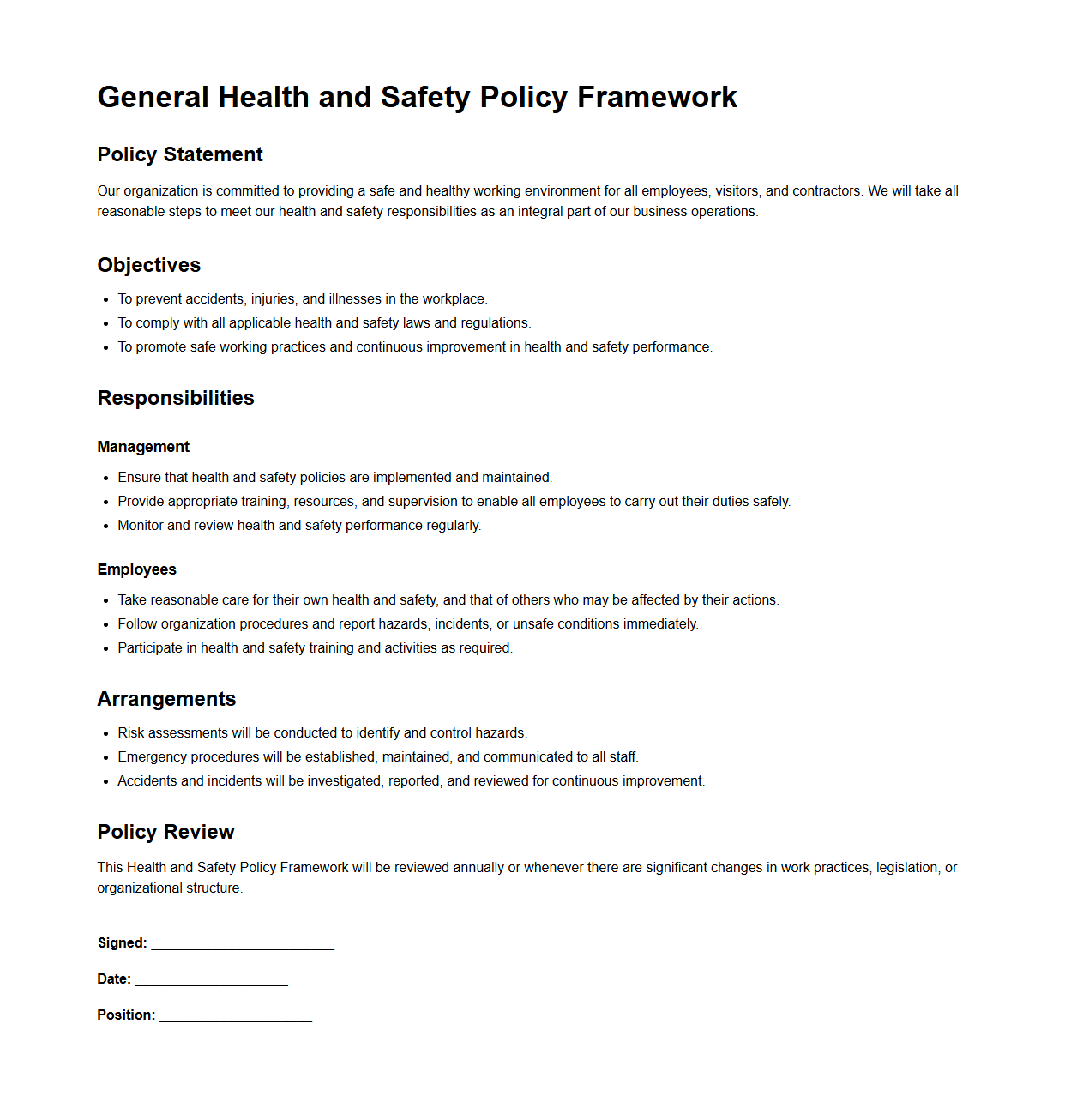 General Health and Safety Policy Framework