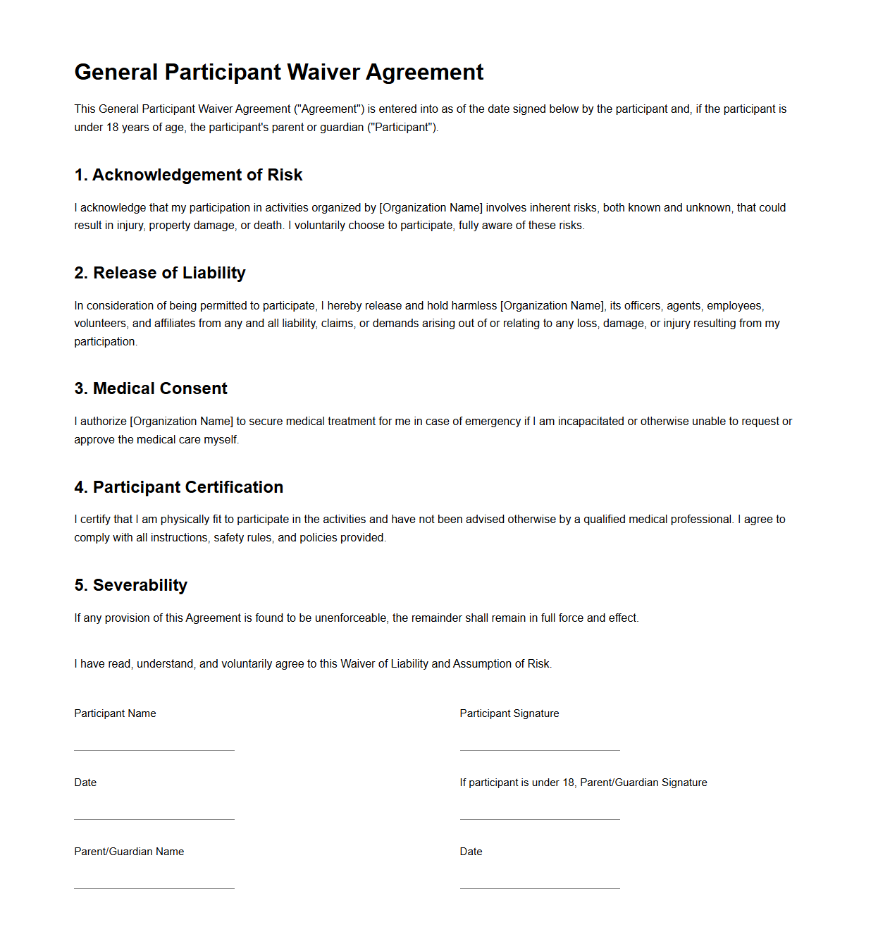 General Participant Waiver Agreement Template