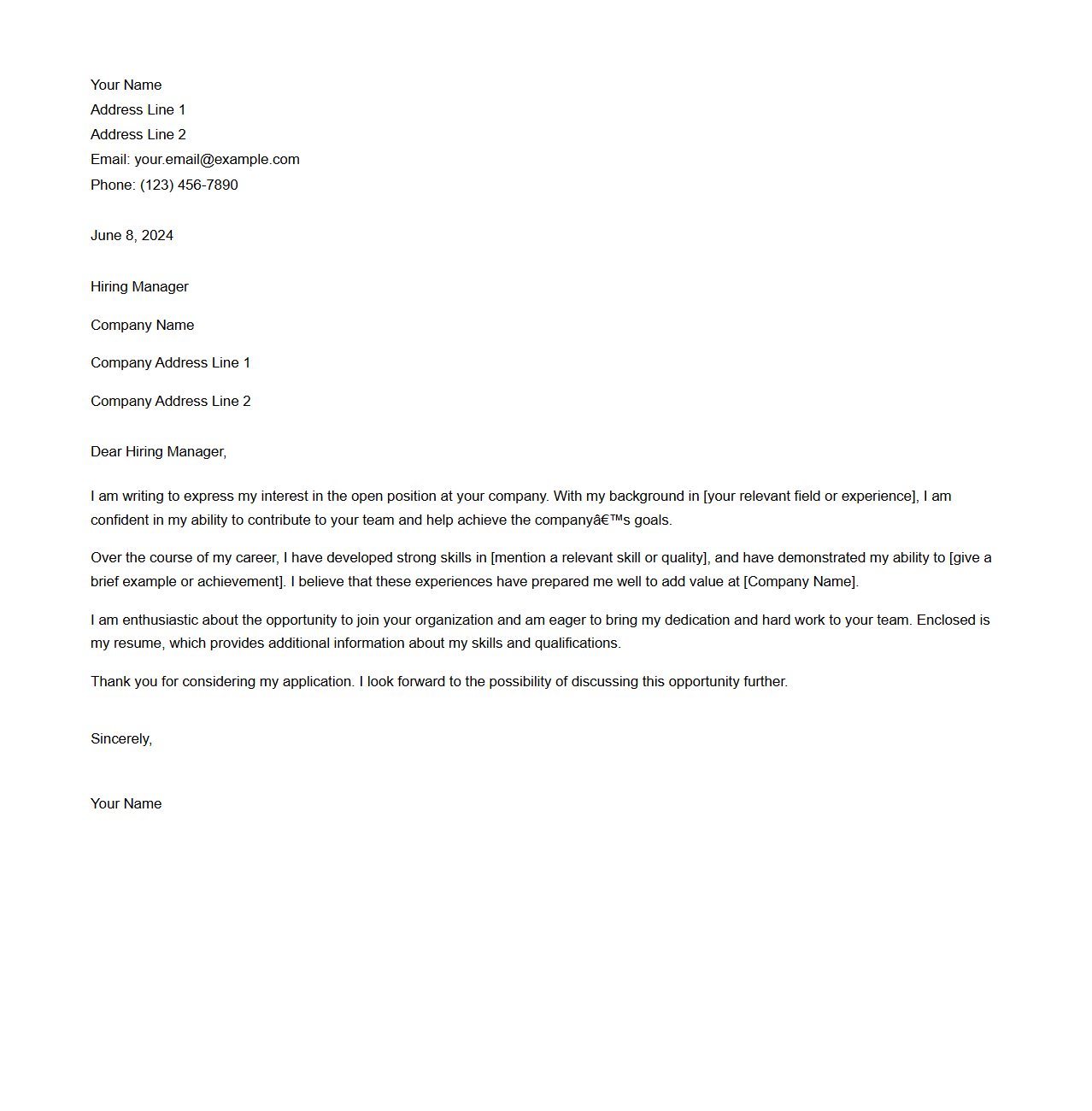 General Purpose Job Cover Letter Example