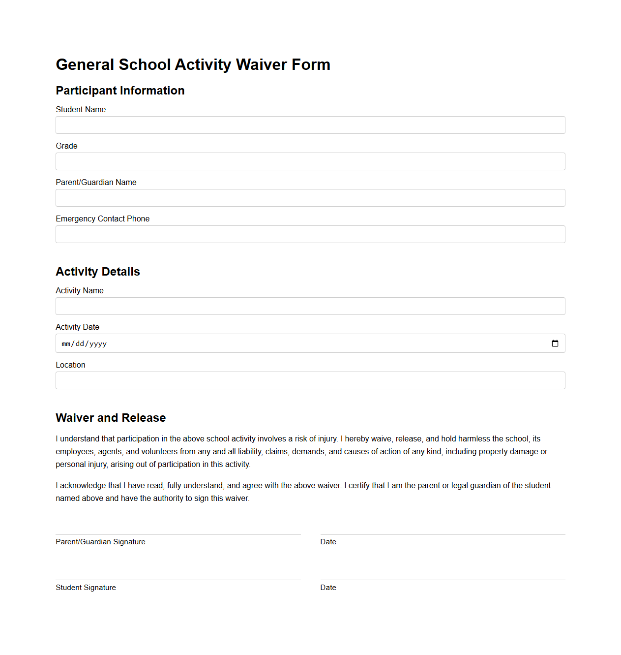 General School Activity Waiver Form
