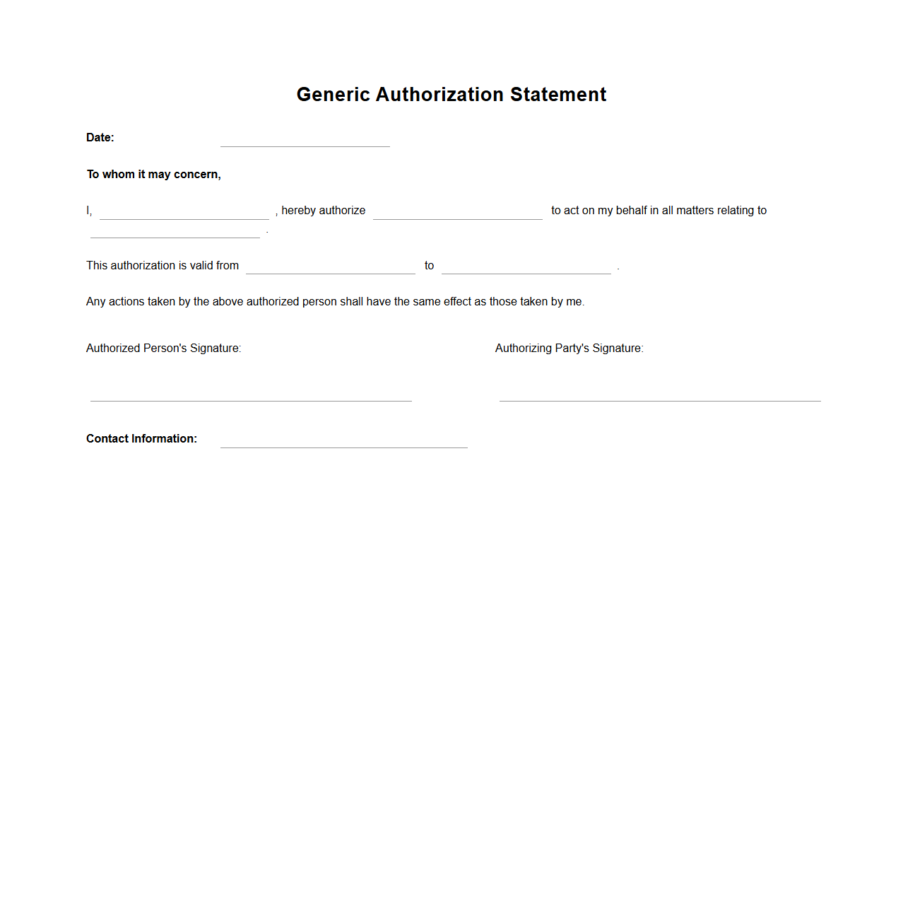 Generic Authorization Statement Template