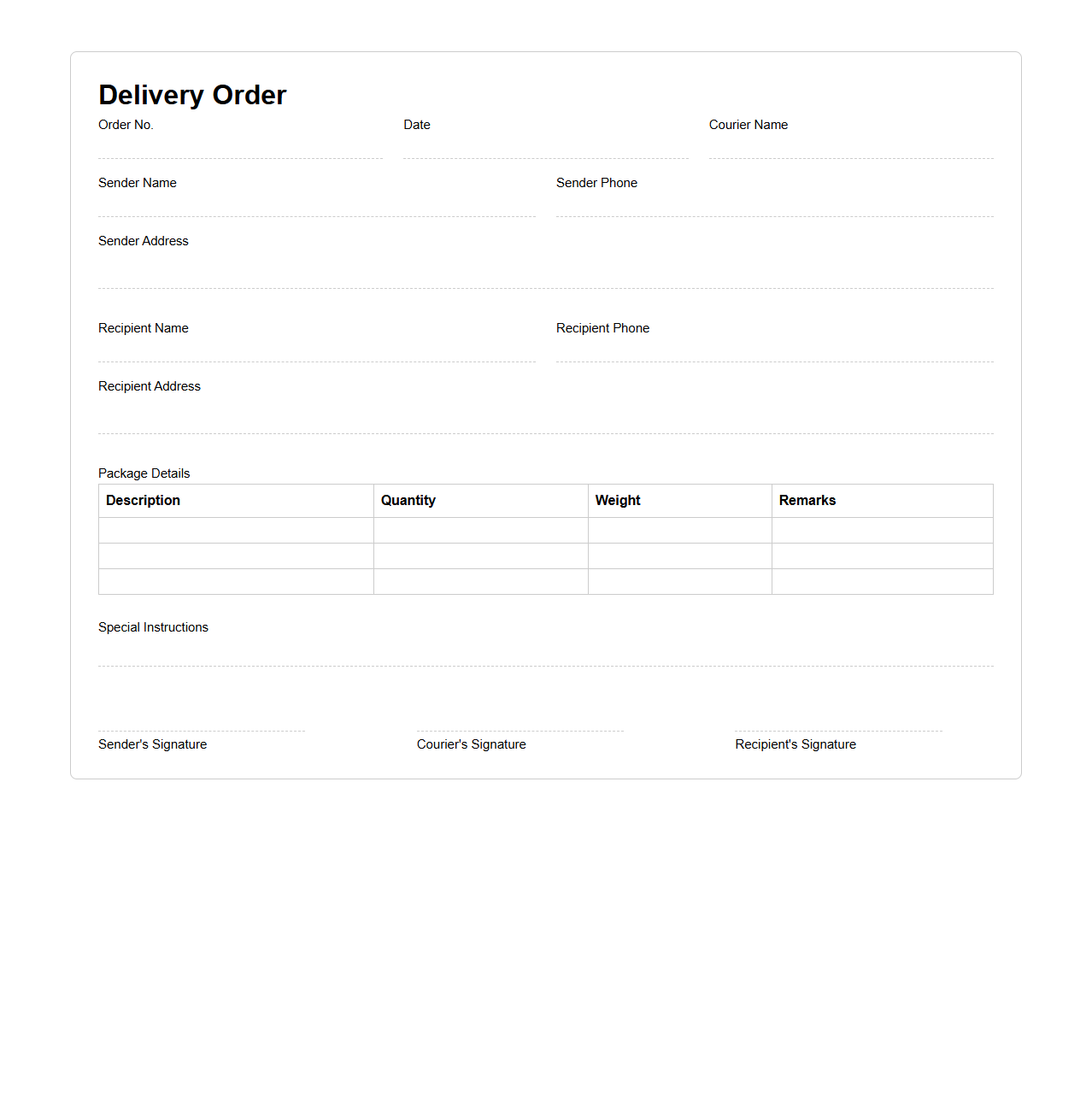 Generic Delivery Order Template for Courier Operations