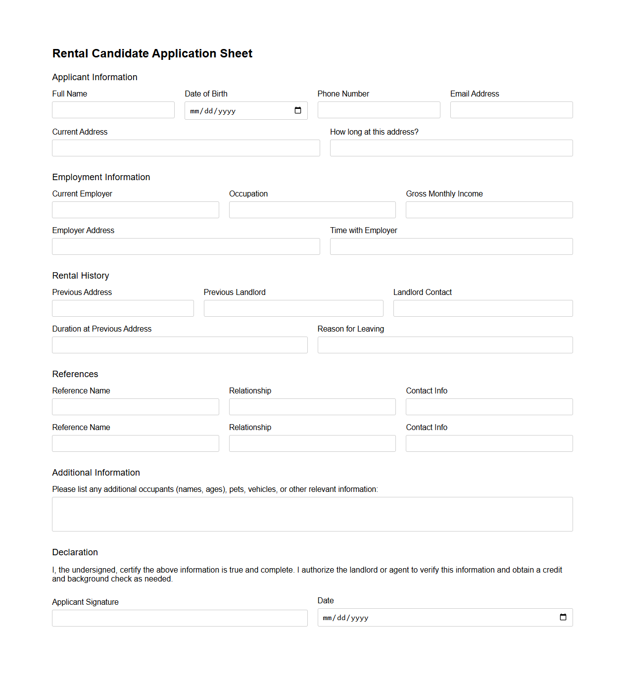 Generic Rental Candidate Application Sheet