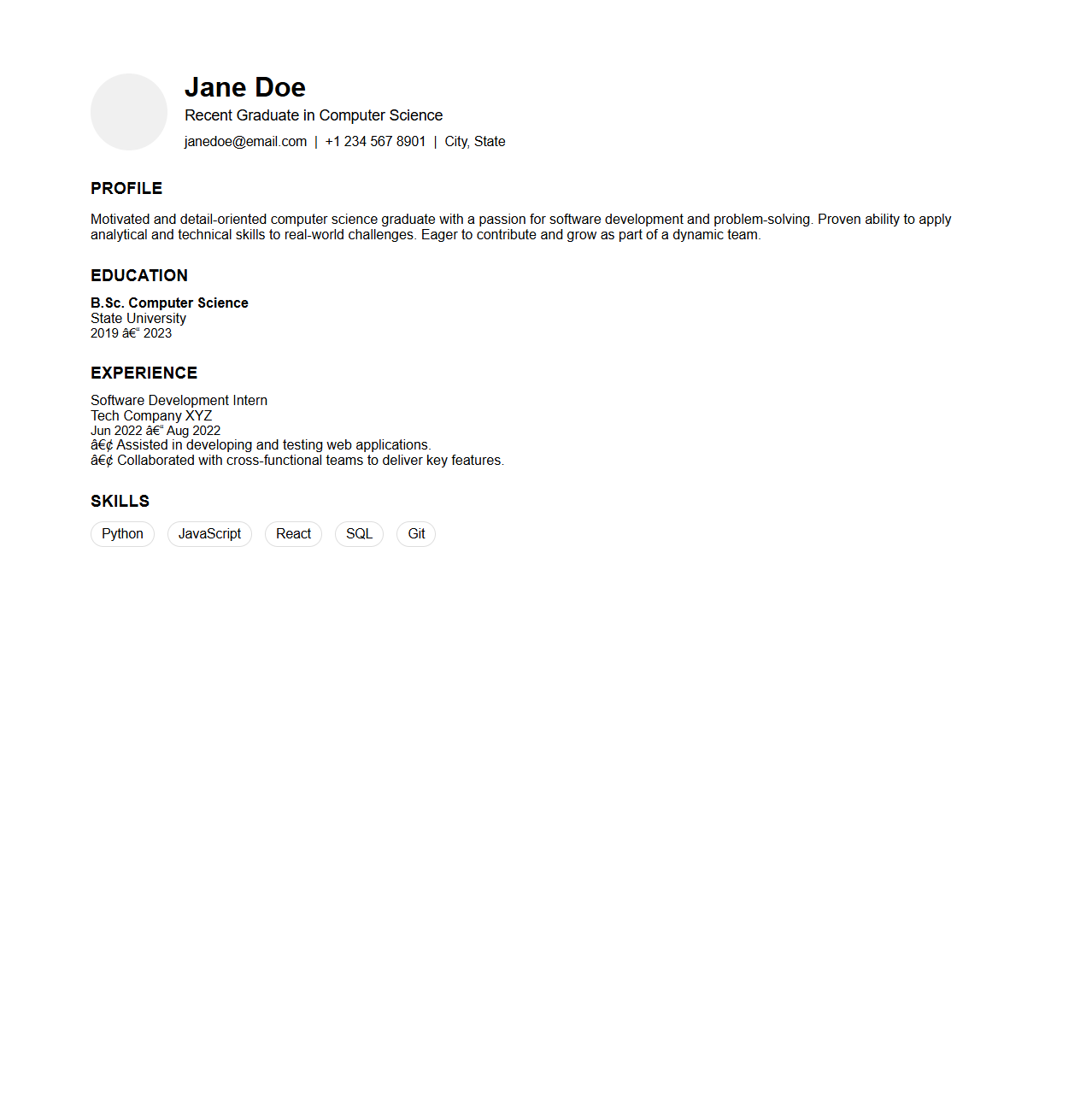 Graduate Profile Resume Layout