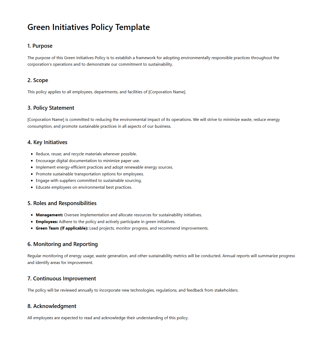 Green Initiatives Policy Template for Corporations