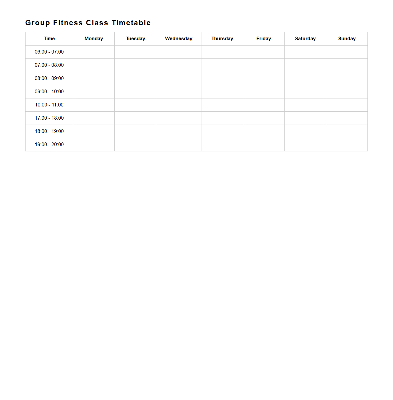 Group Fitness Class Blank Timetable