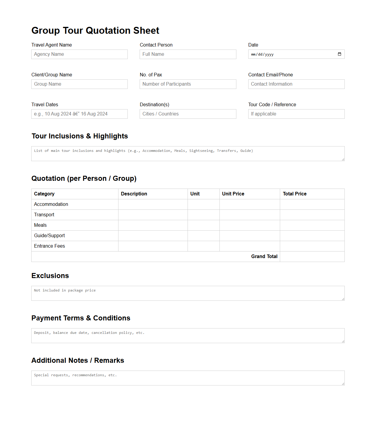 Group Tour Quotation Sheet for Travel Agents
