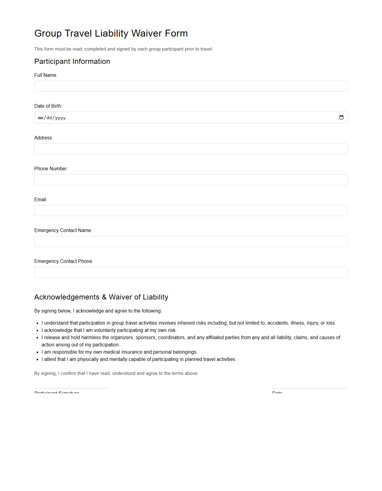 Group Travel Liability Waiver Form Template