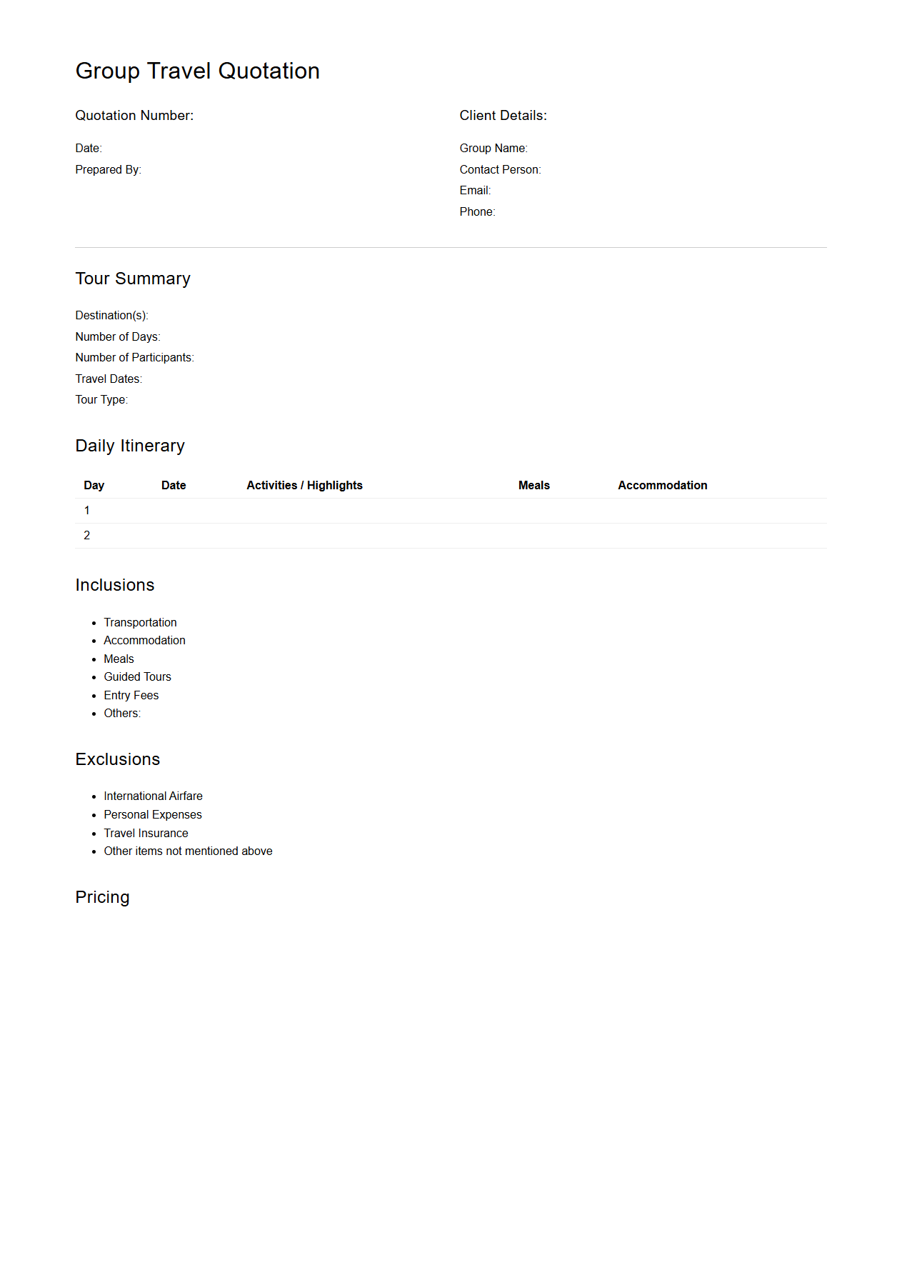 Group Travel Quotation Layout for Multi-Day Tours