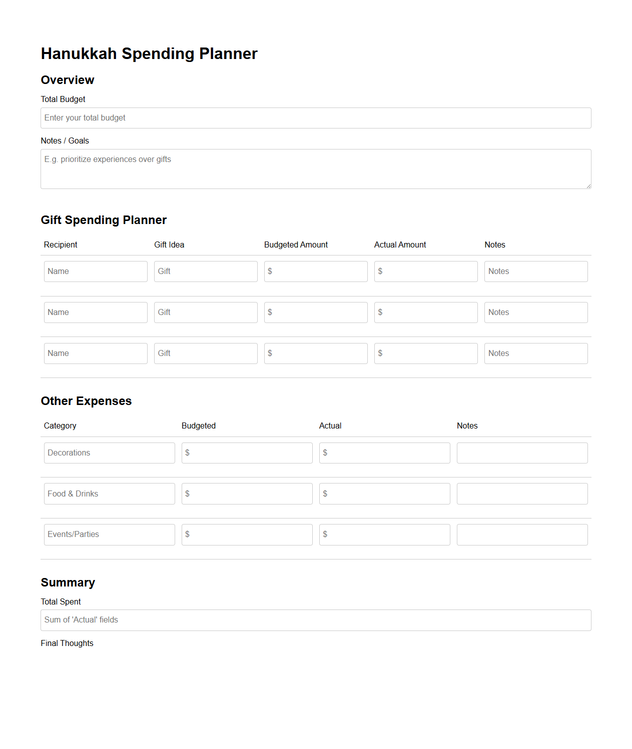 Hanukkah Spending Planner Document