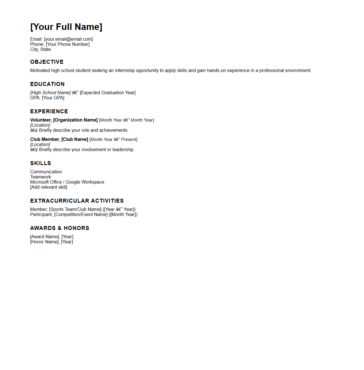 High School Student Resume Template for Internship Roles
