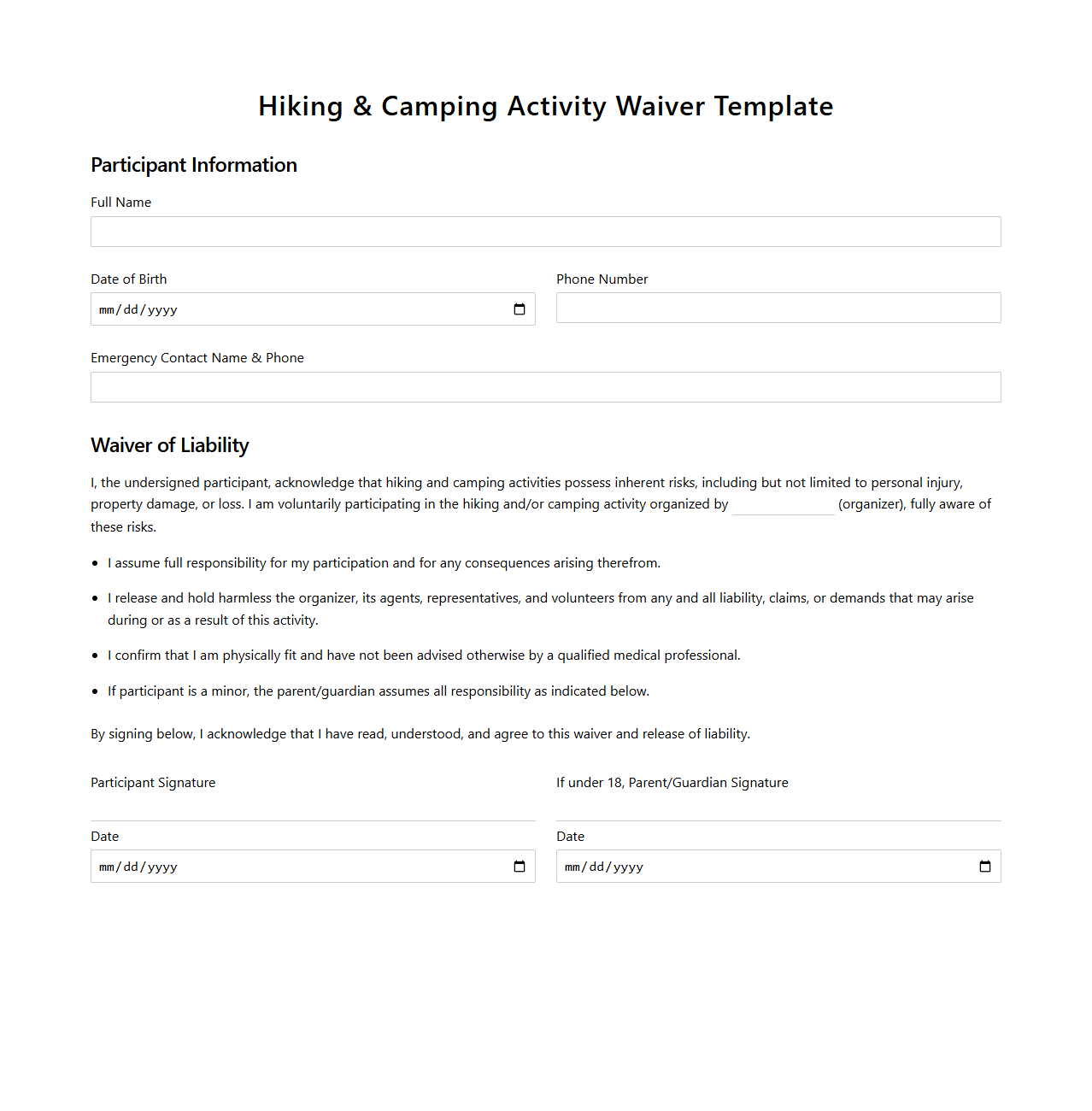 Hiking and Camping Activity Waiver Template