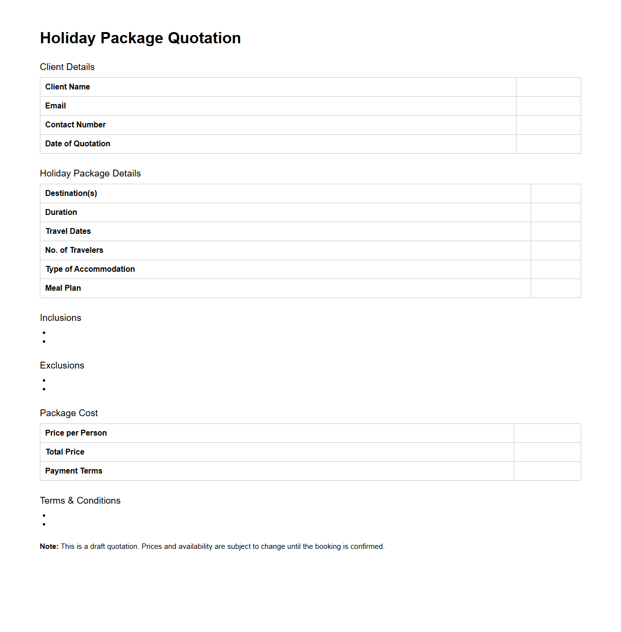 Holiday Package Quotation Draft for Clients