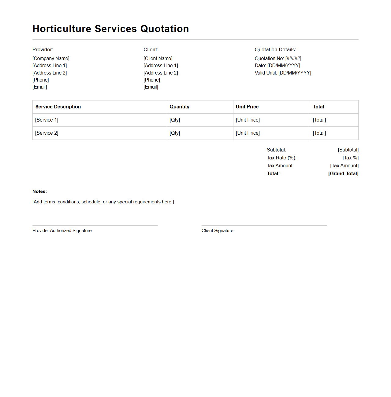 Horticulture Services Quotation Layout