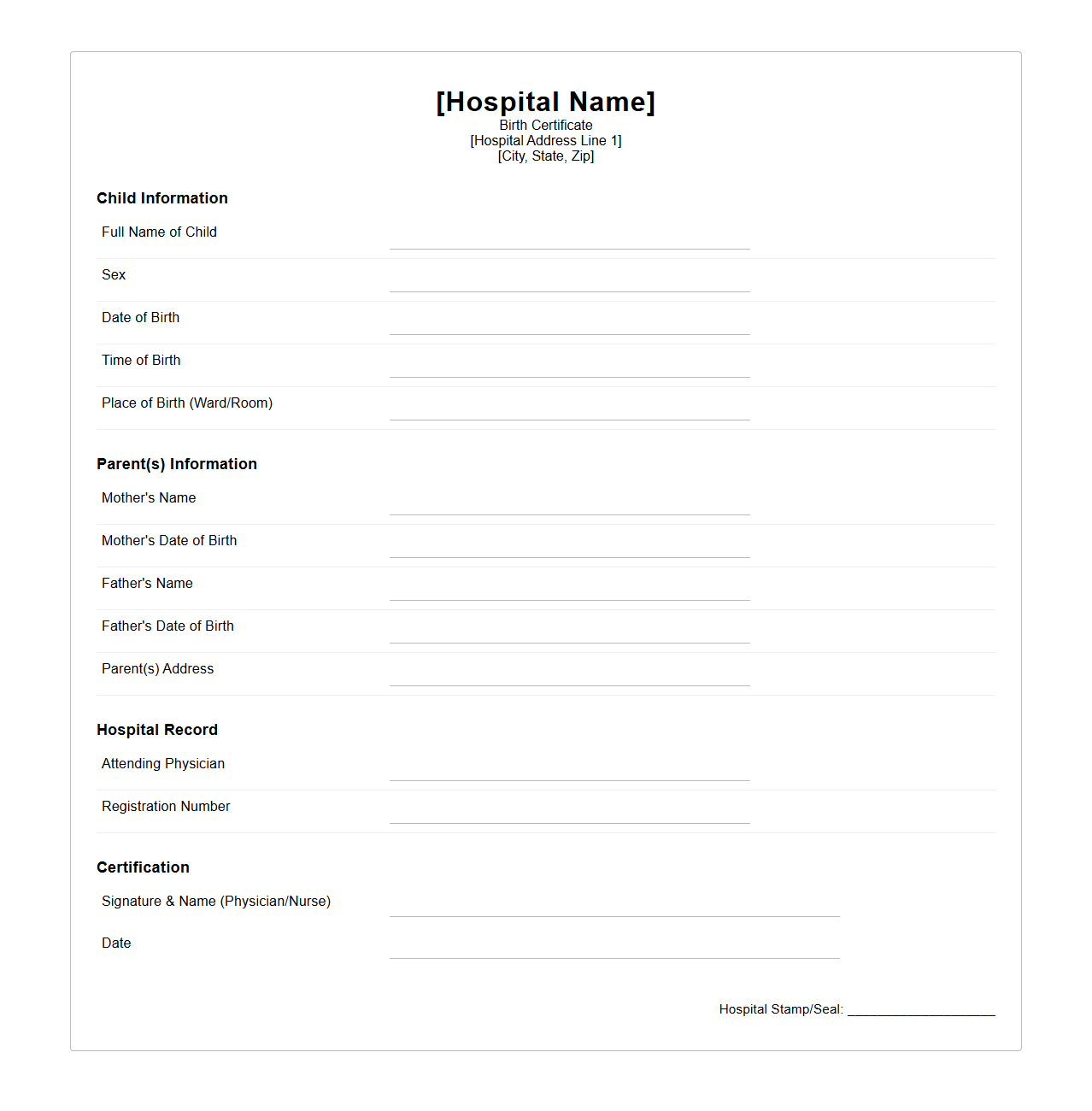 Hospital-Labeled Birth Certificate Blank Template