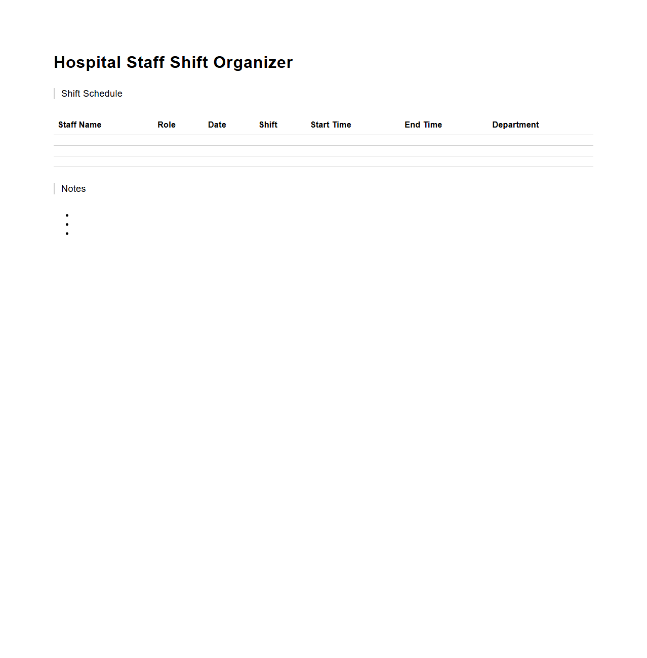 Hospital Staff Shift Organizer Template