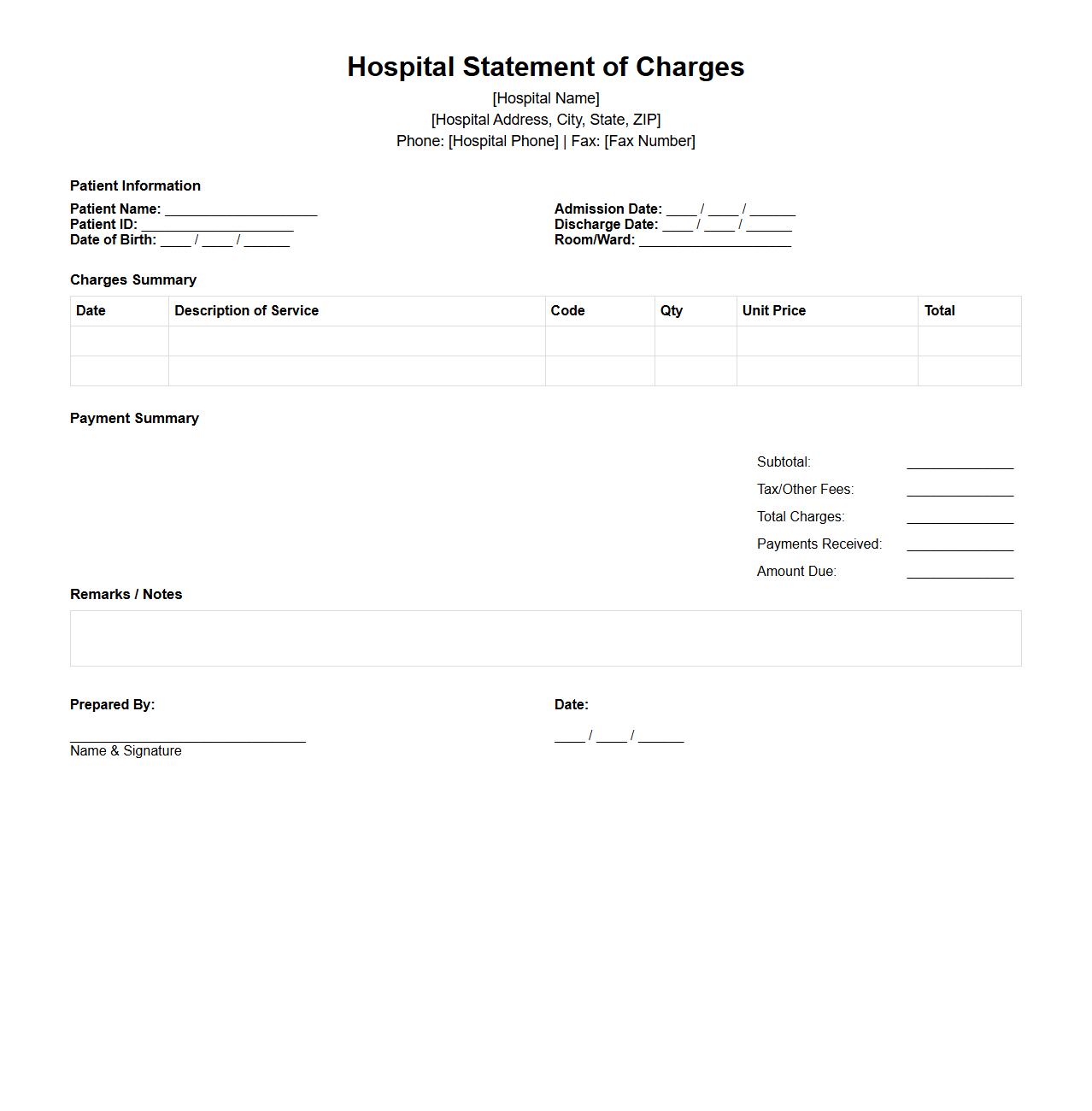 Hospital Statement of Charges Template