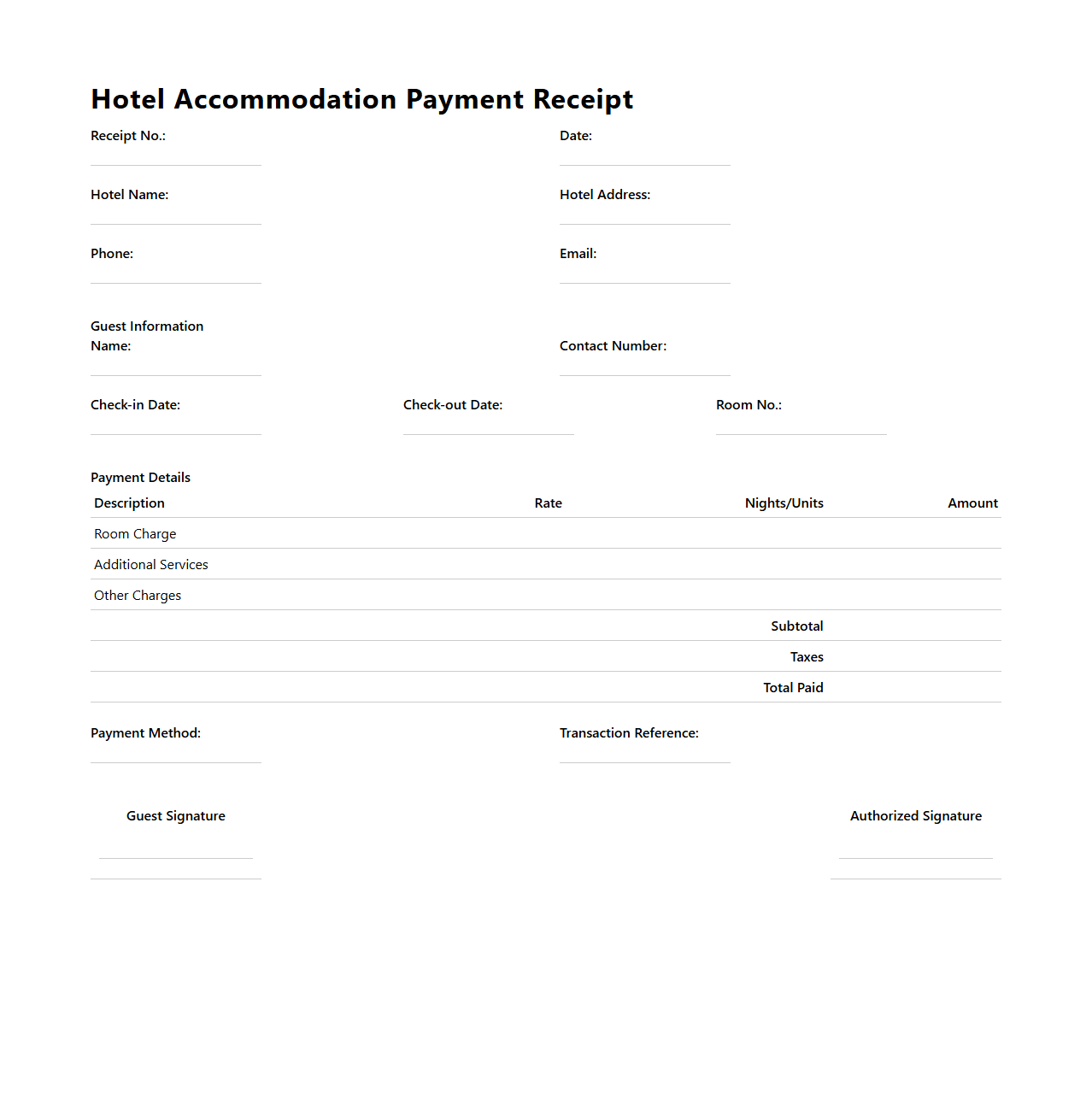 Hotel Accommodation Payment Receipt Template