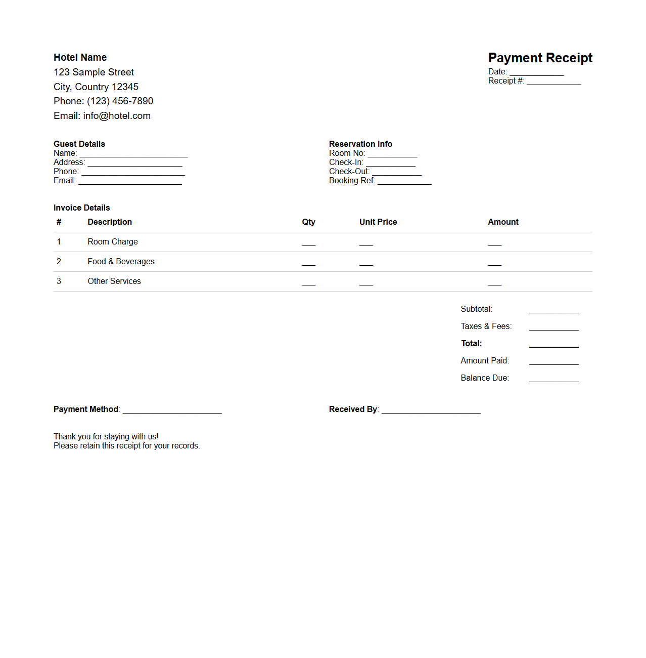 Hotel Payment Receipt Template for Guest Invoices
