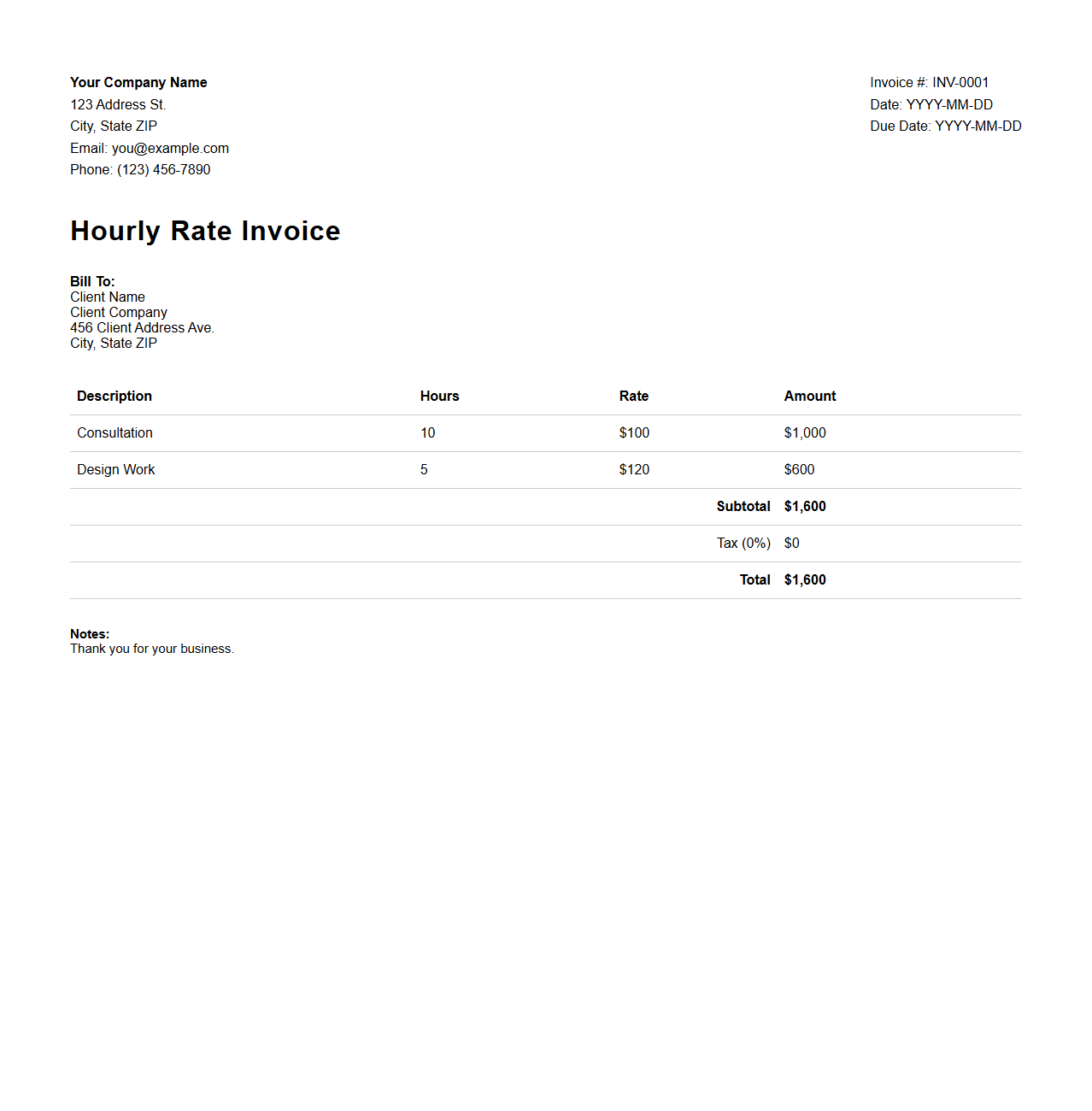 Hourly Rate Invoice Template