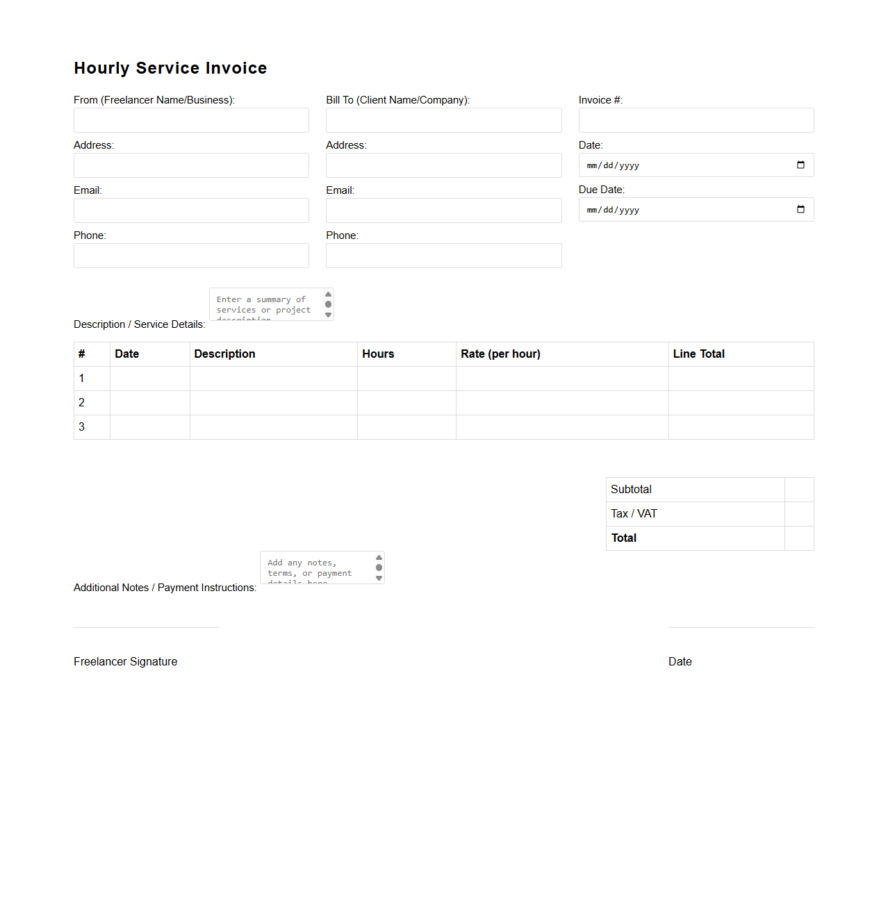 Hourly Service Invoice Form for Freelancers