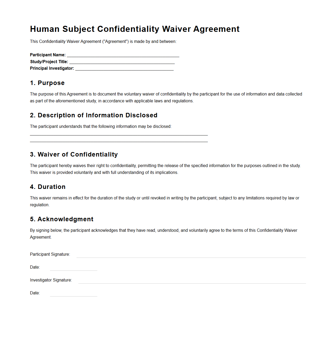 Human Subject Confidentiality Waiver Agreement Format