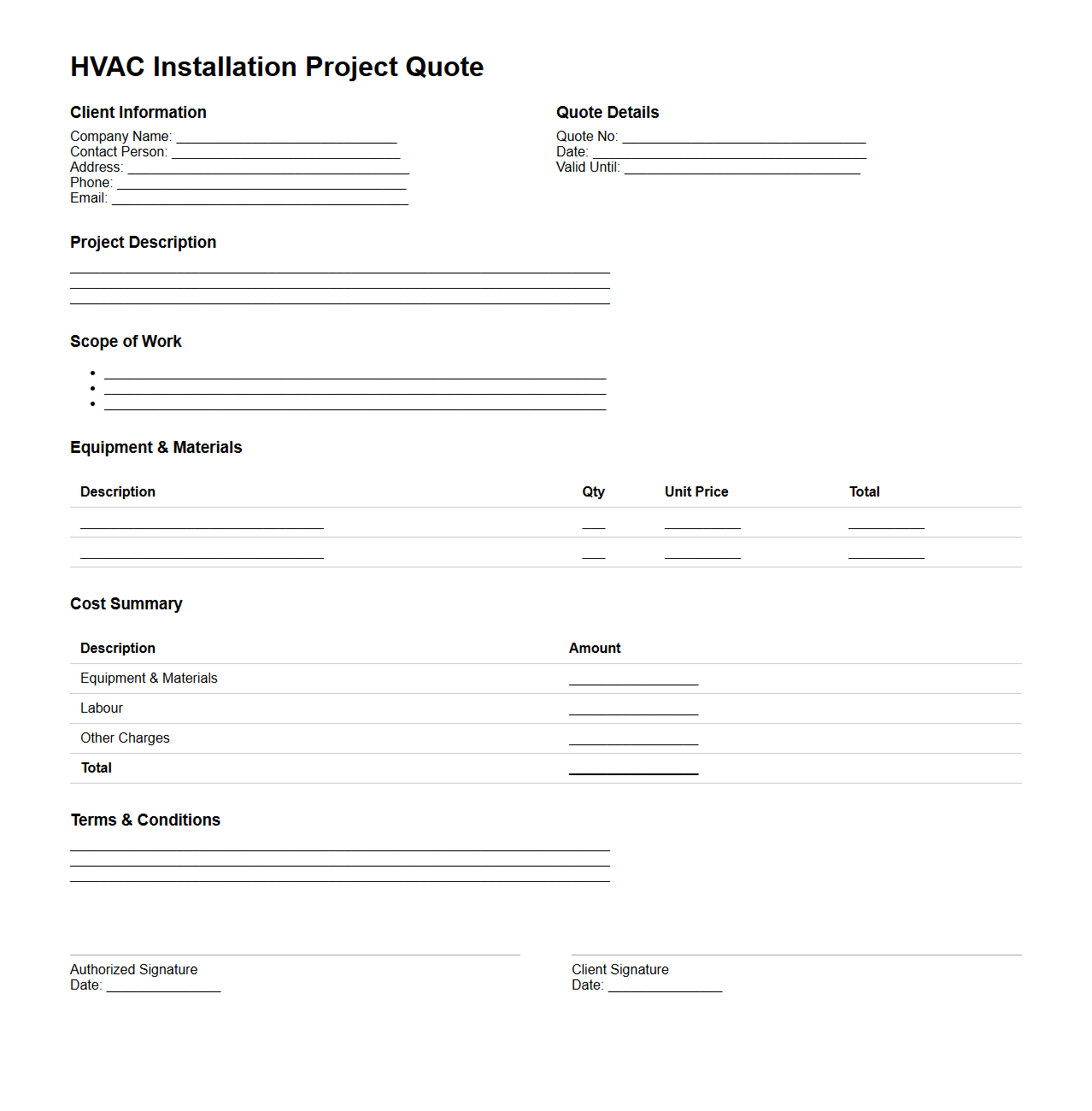 HVAC Installation Project Quote Format