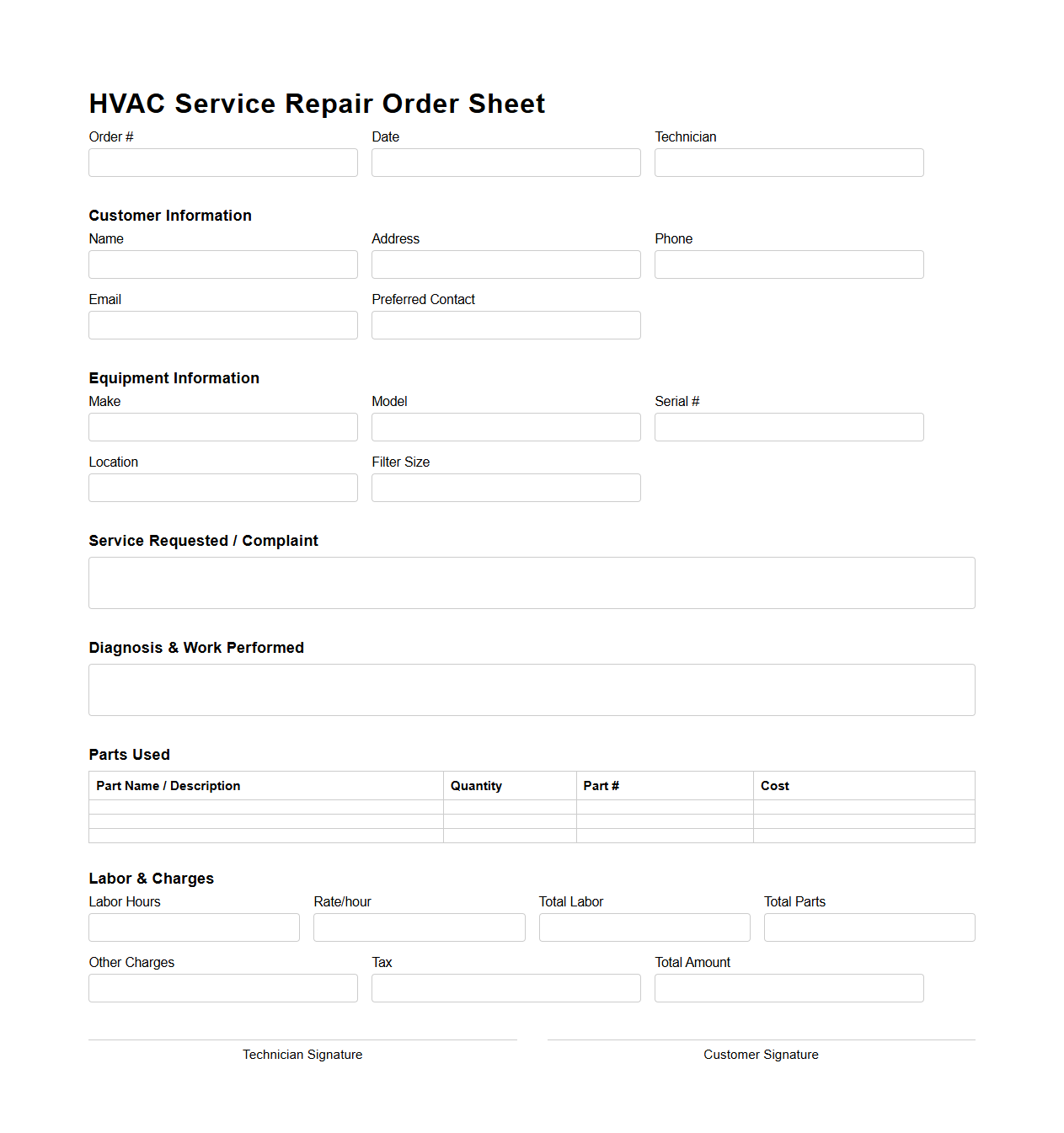 HVAC Service Repair Order Sheet