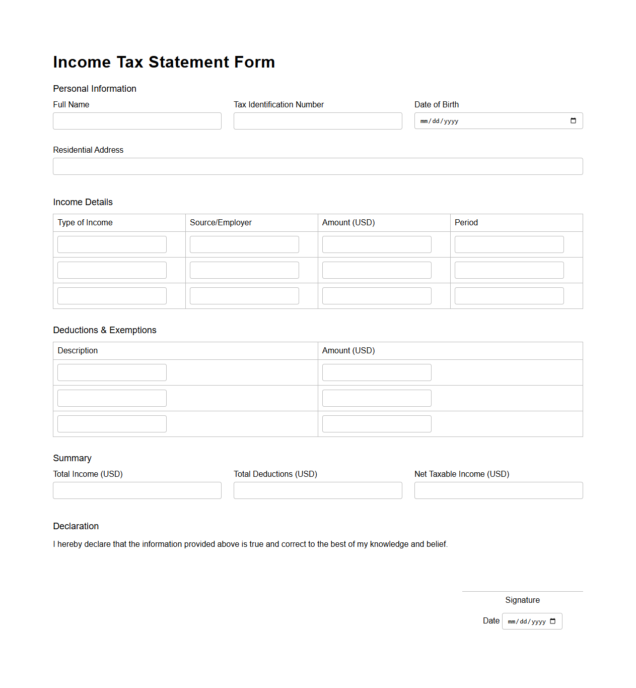 Income Tax Statement Form