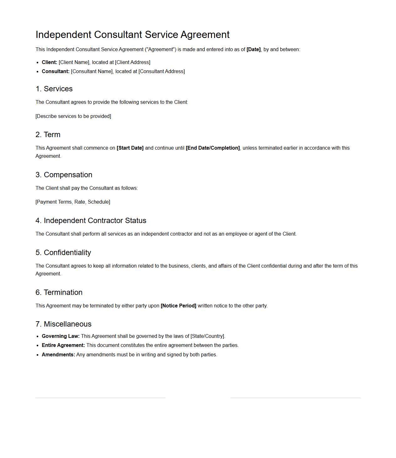 Independent Consultant Service Agreement Template