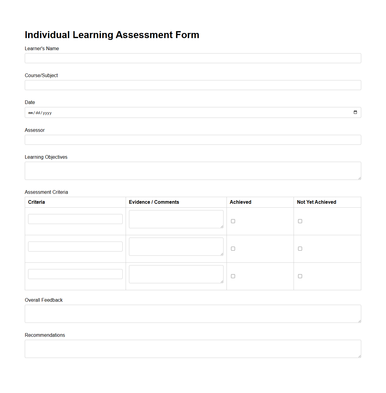 Individual Learning Assessment Form