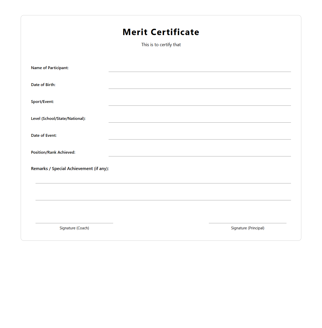 Individual Sports Merit Certificate Blank Form