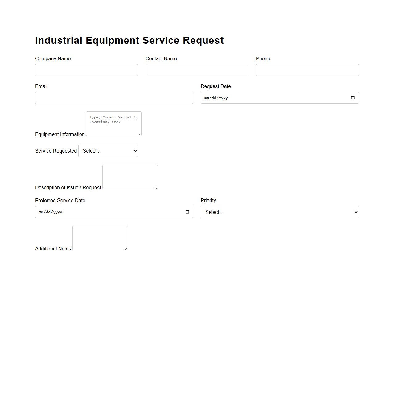 Industrial Equipment Service Request Template