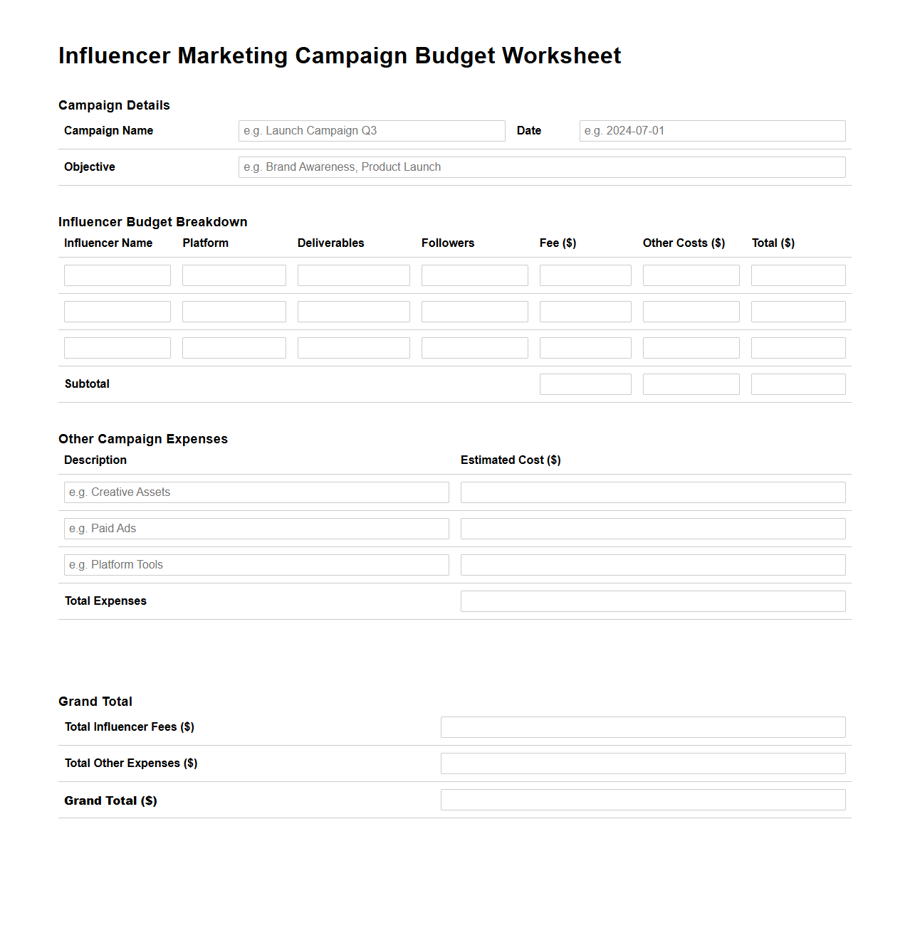 Influencer Marketing Campaign Budget Worksheet