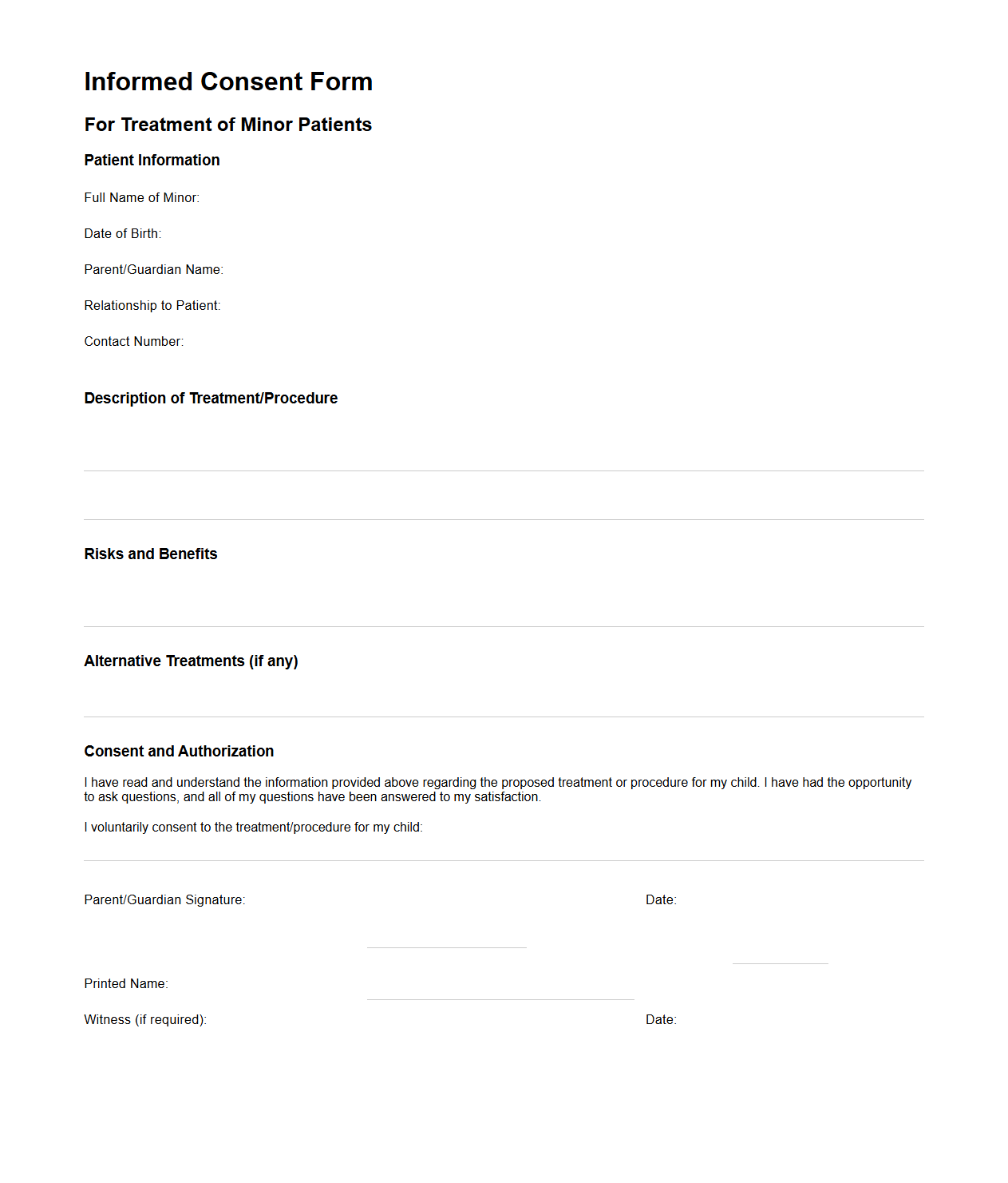 Informed Consent Form Template for Minor Patients