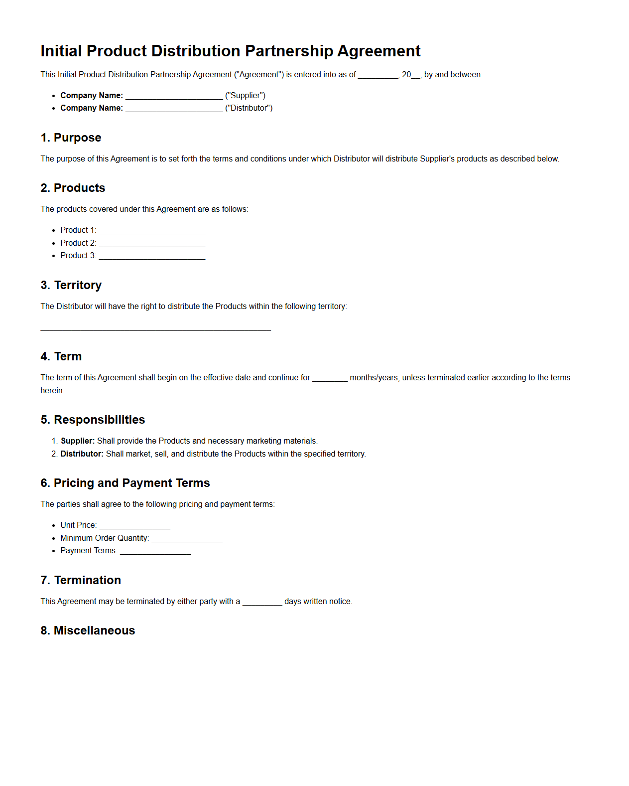 Initial Product Distribution Partnership Template