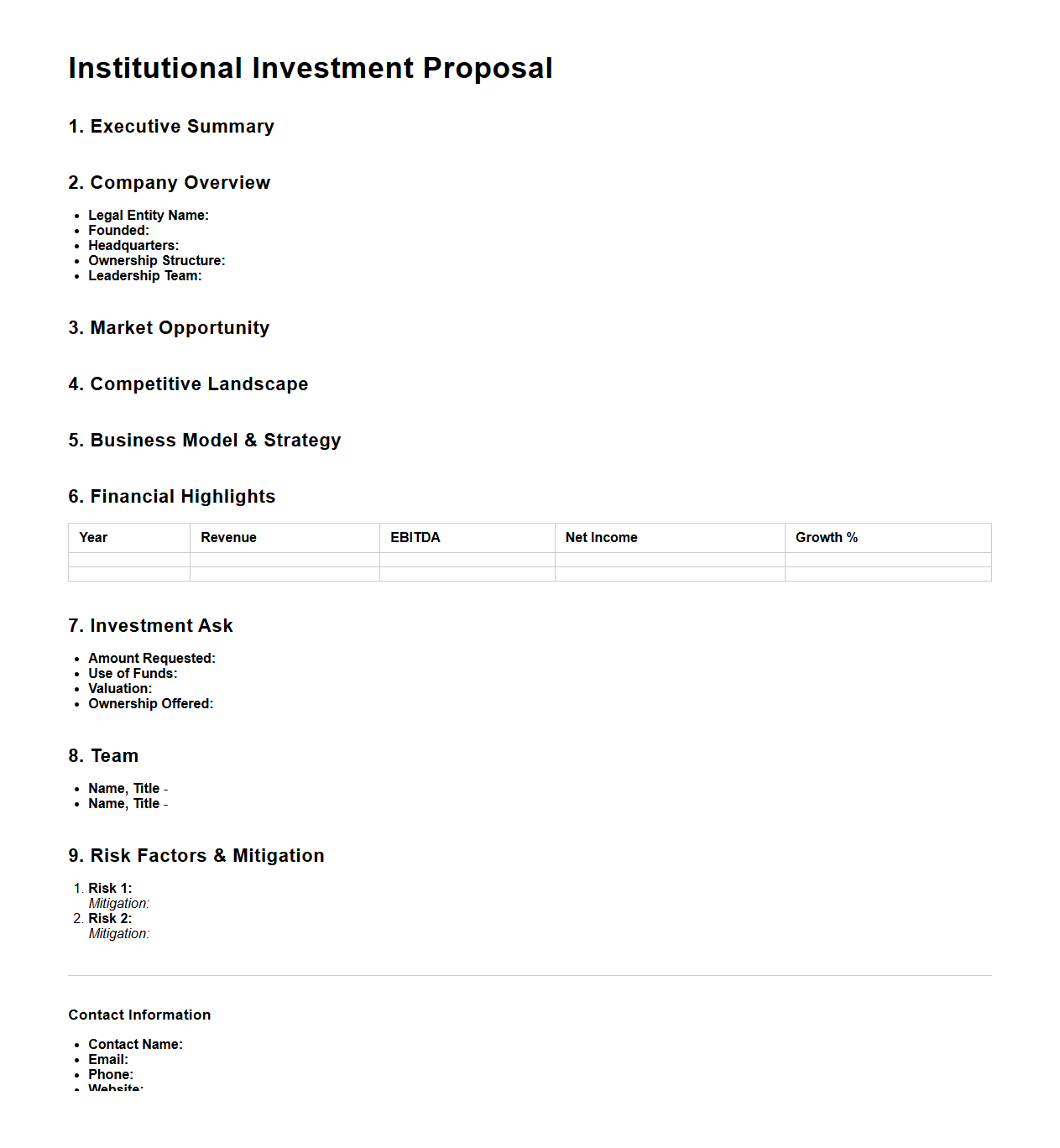 Institutional Investment Proposal Template Layout