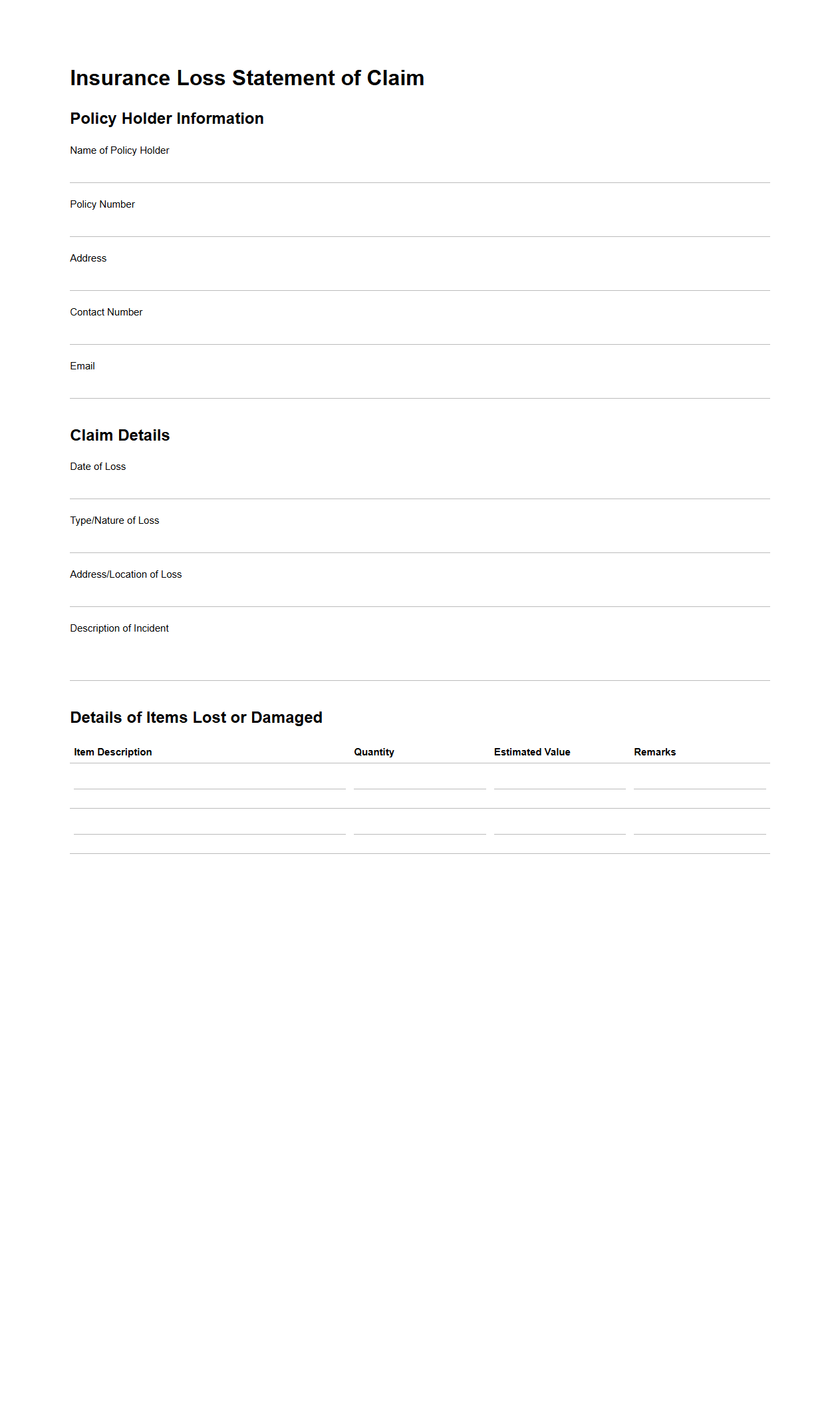 Insurance Loss Statement of Claim Template
