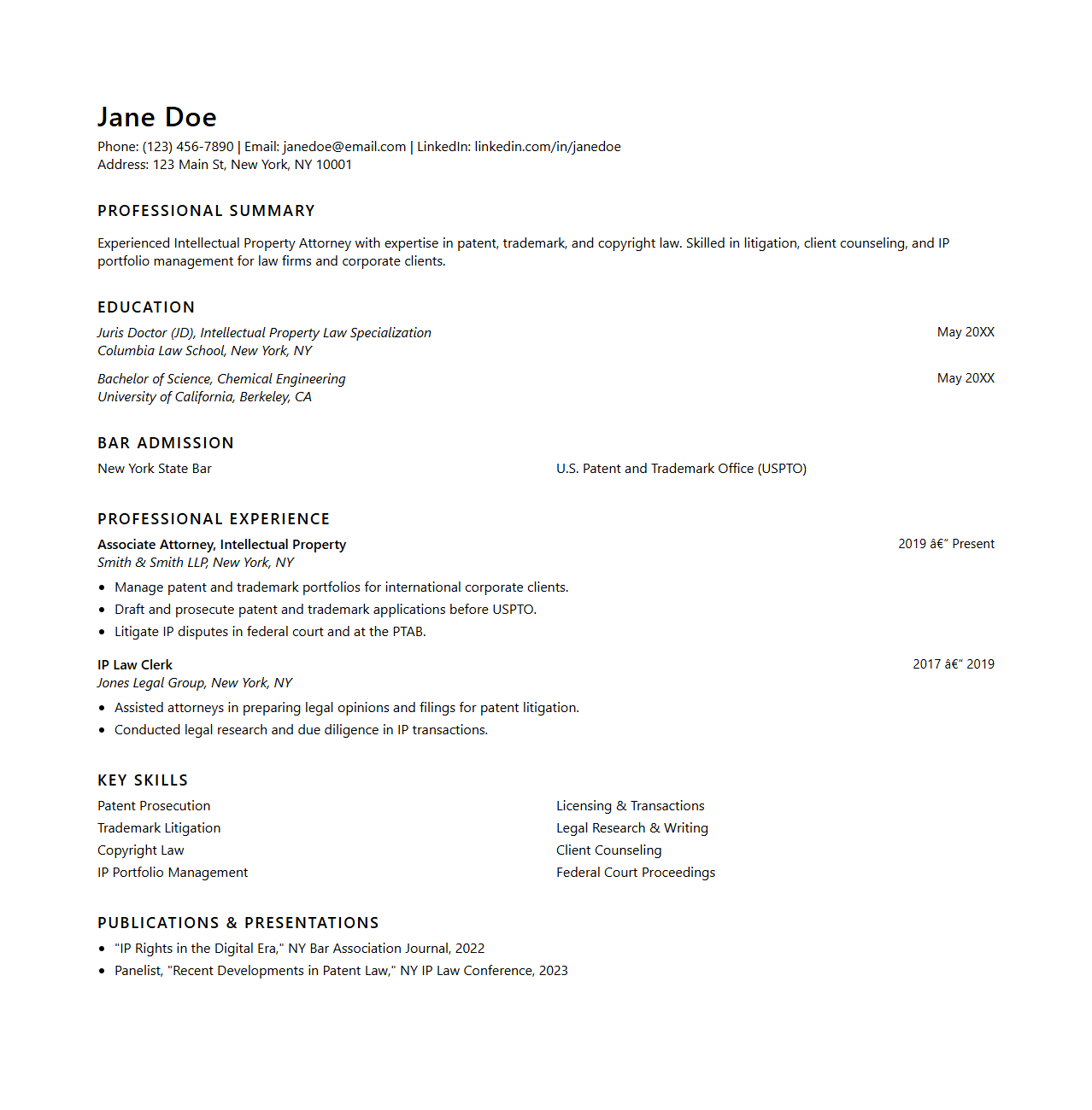 Intellectual Property Attorney Resume Template for Law Firms