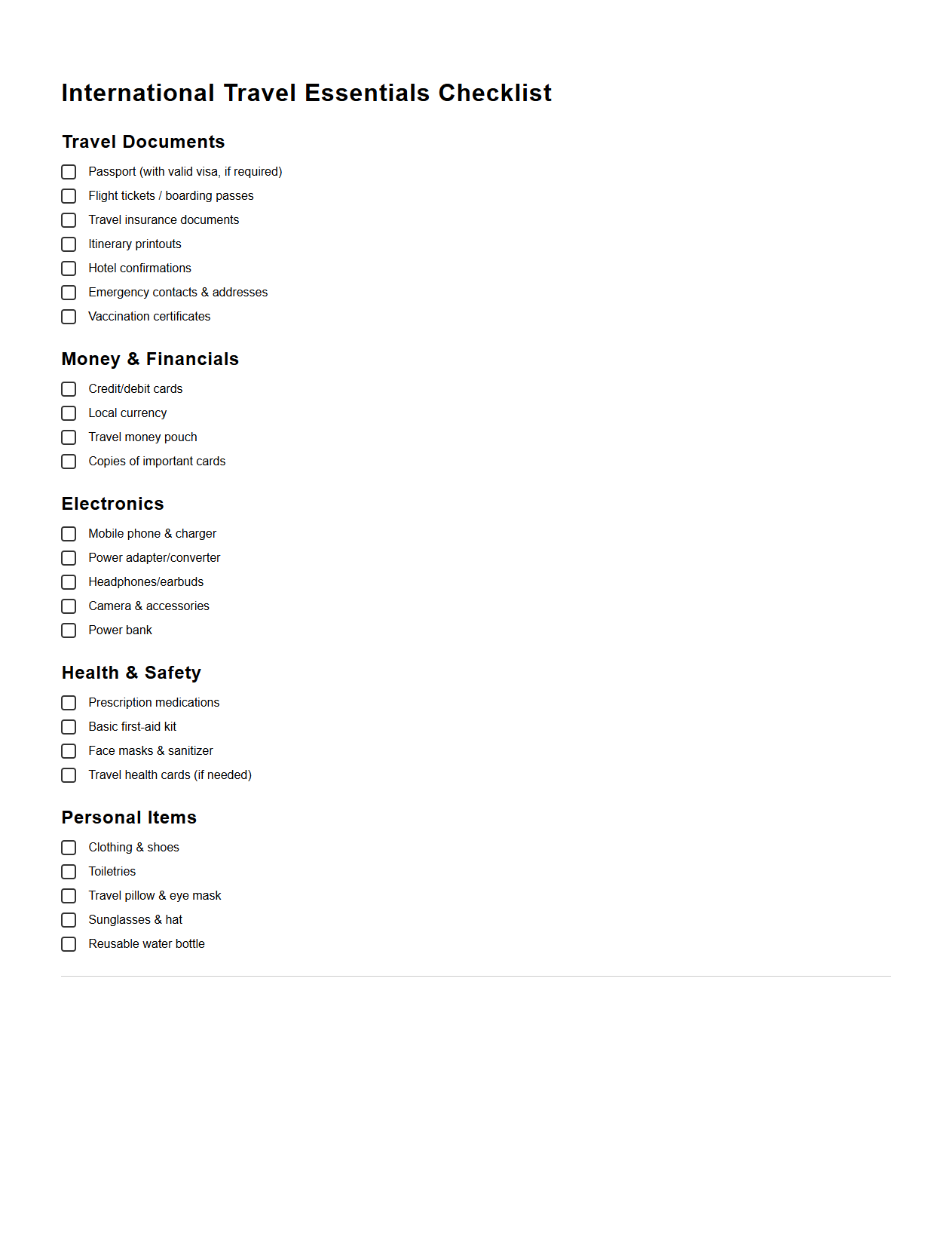 International Travel Essentials Checklist Template