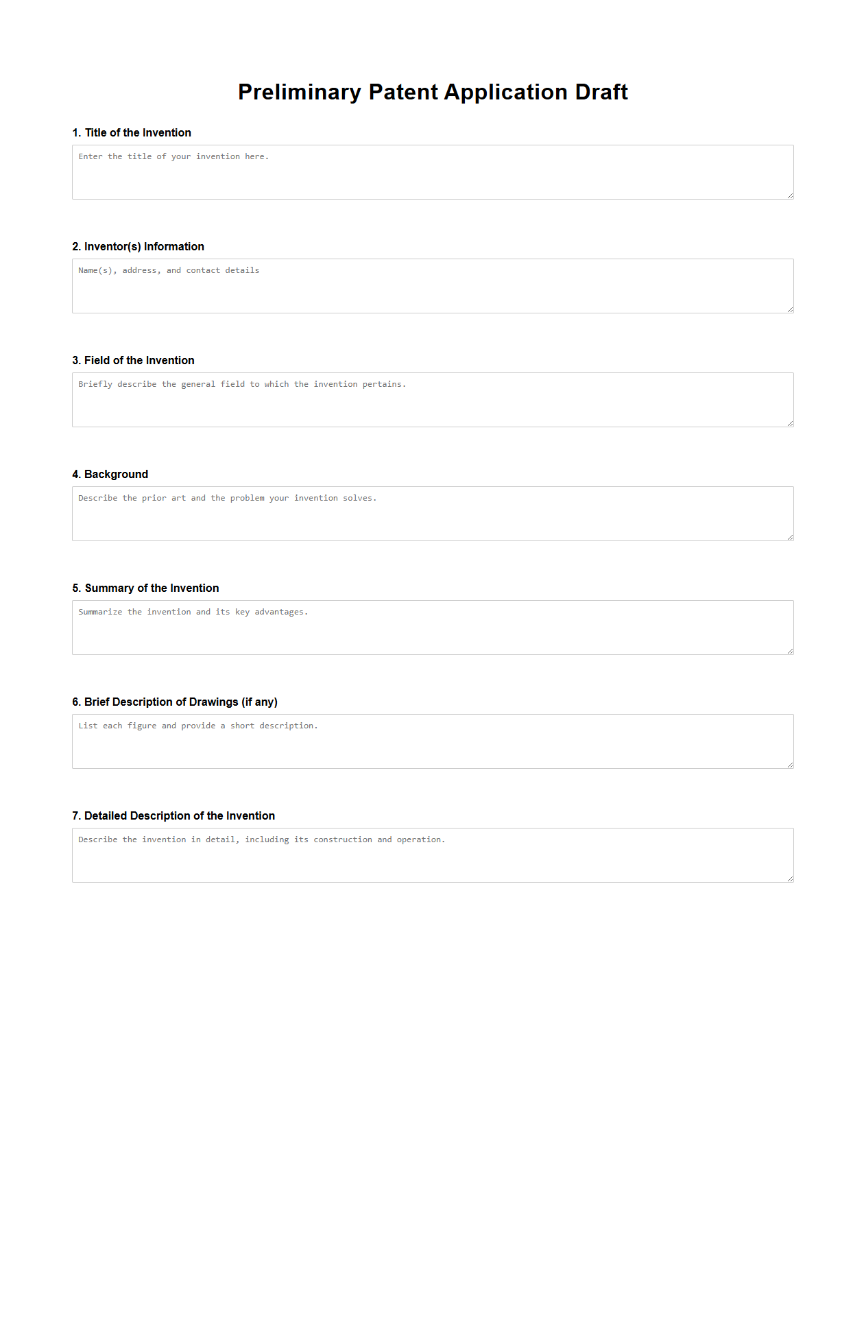 Inventor's Preliminary Patent Application Layout