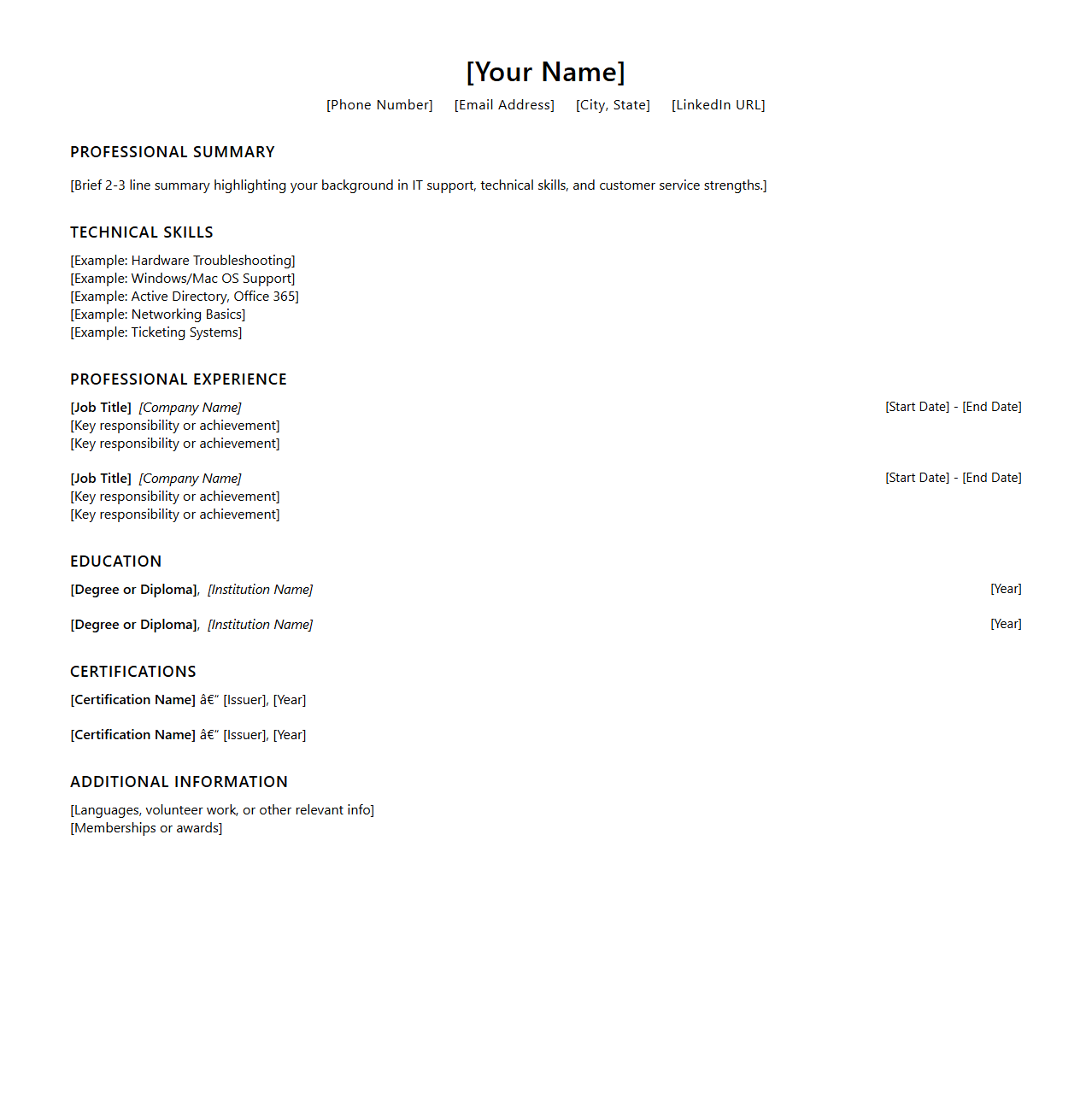IT Support Specialist Blank Resume Template